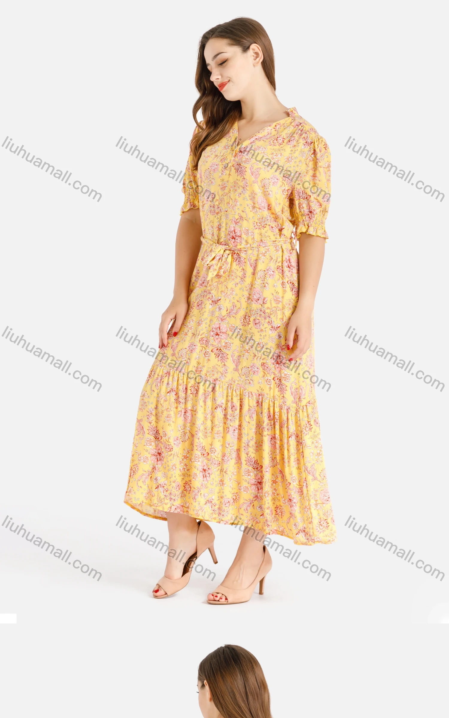 Wholesale Women's Casual Elegant V-Neck Puff Sleeve Button Front Floral Print Maxi Dress With Belt - Liuhuamall