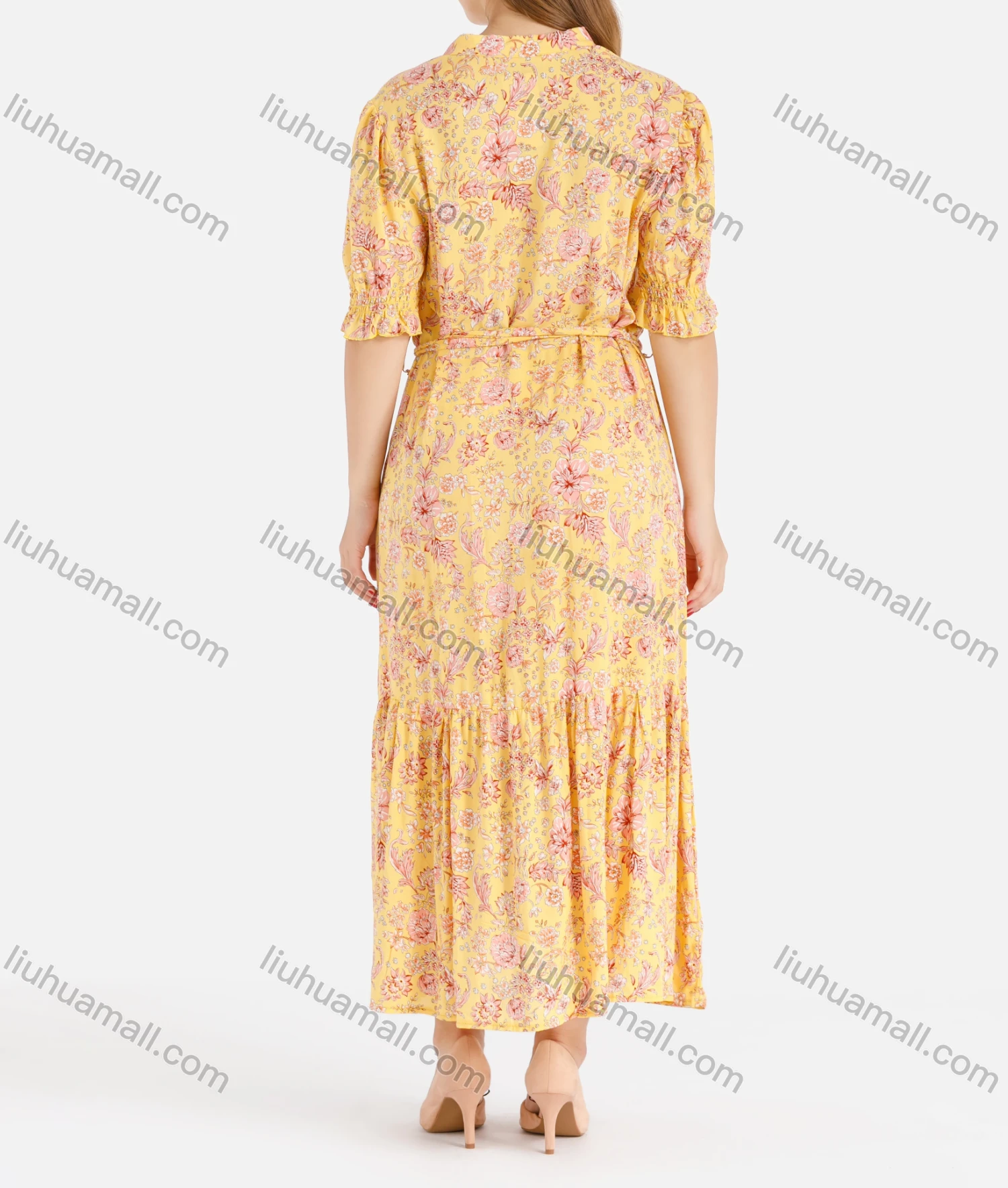 Wholesale Women's Casual Elegant V-Neck Puff Sleeve Button Front Floral Print Maxi Dress With Belt - Liuhuamall