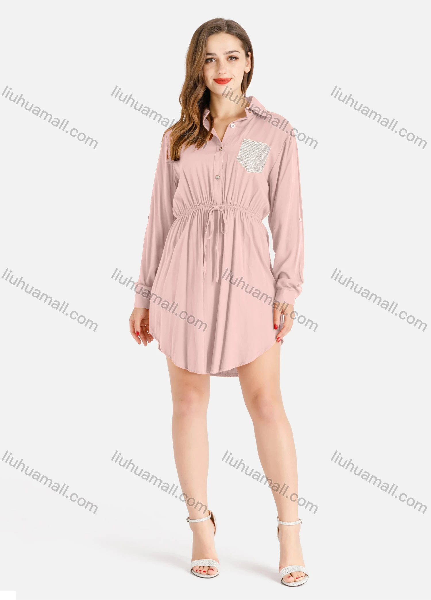 Wholesale Women's Casual Rhinestone Long Sleeve Buttons Front Curved Hem Short Shirt Dress - Liuhuamall