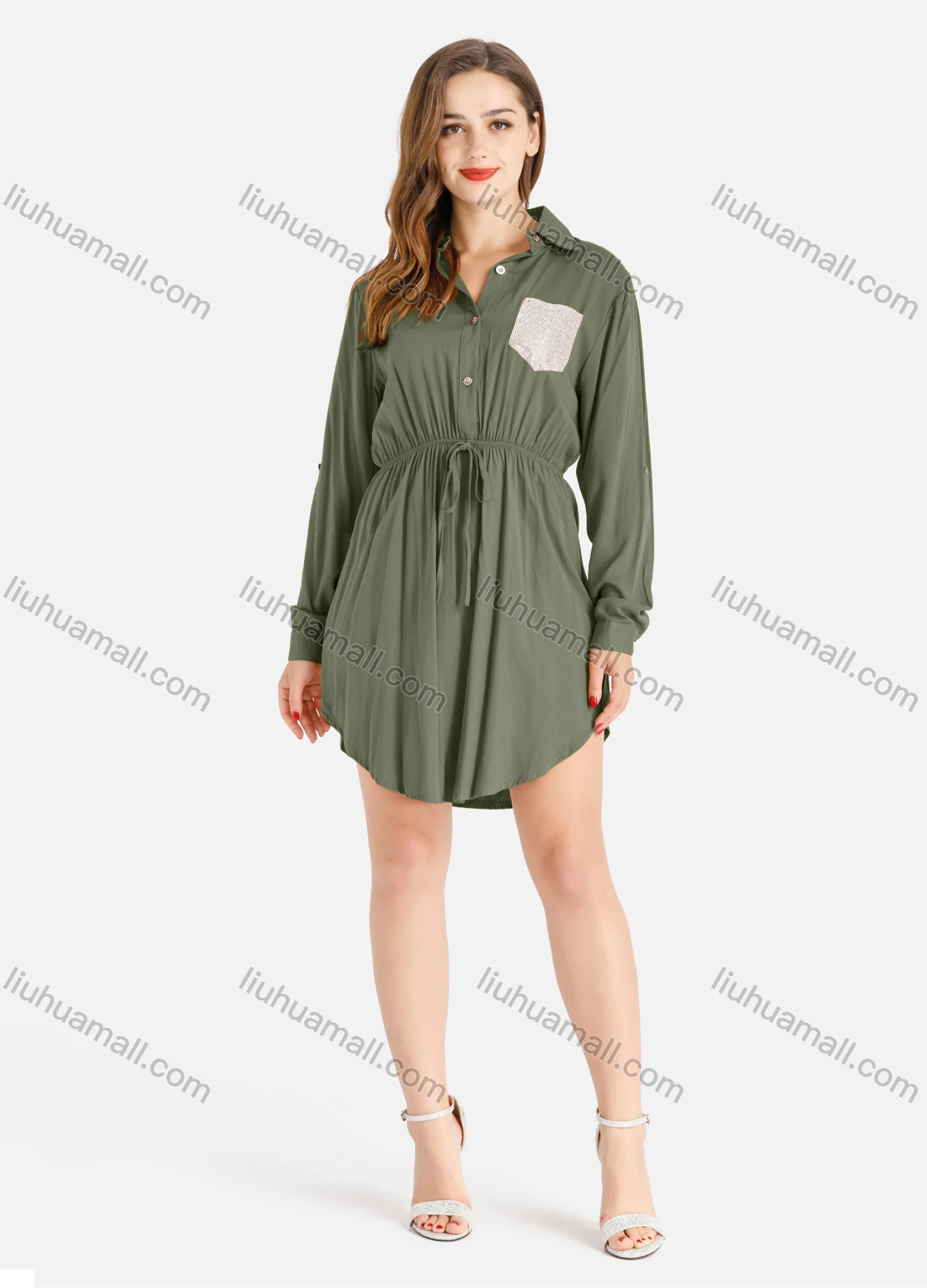 Wholesale Women's Casual Rhinestone Long Sleeve Buttons Front Curved Hem Short Shirt Dress - Liuhuamall