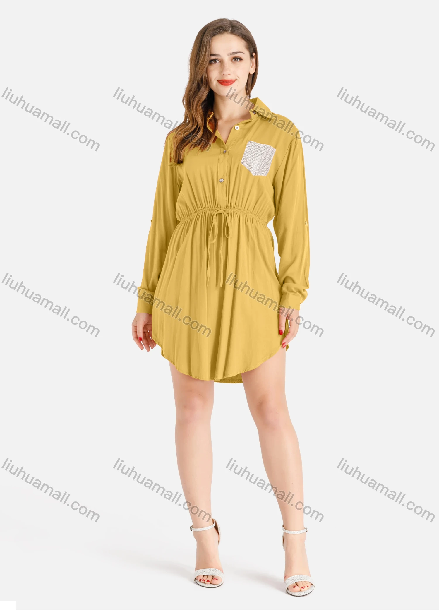 Wholesale Women's Casual Rhinestone Long Sleeve Buttons Front Curved Hem Short Shirt Dress - Liuhuamall