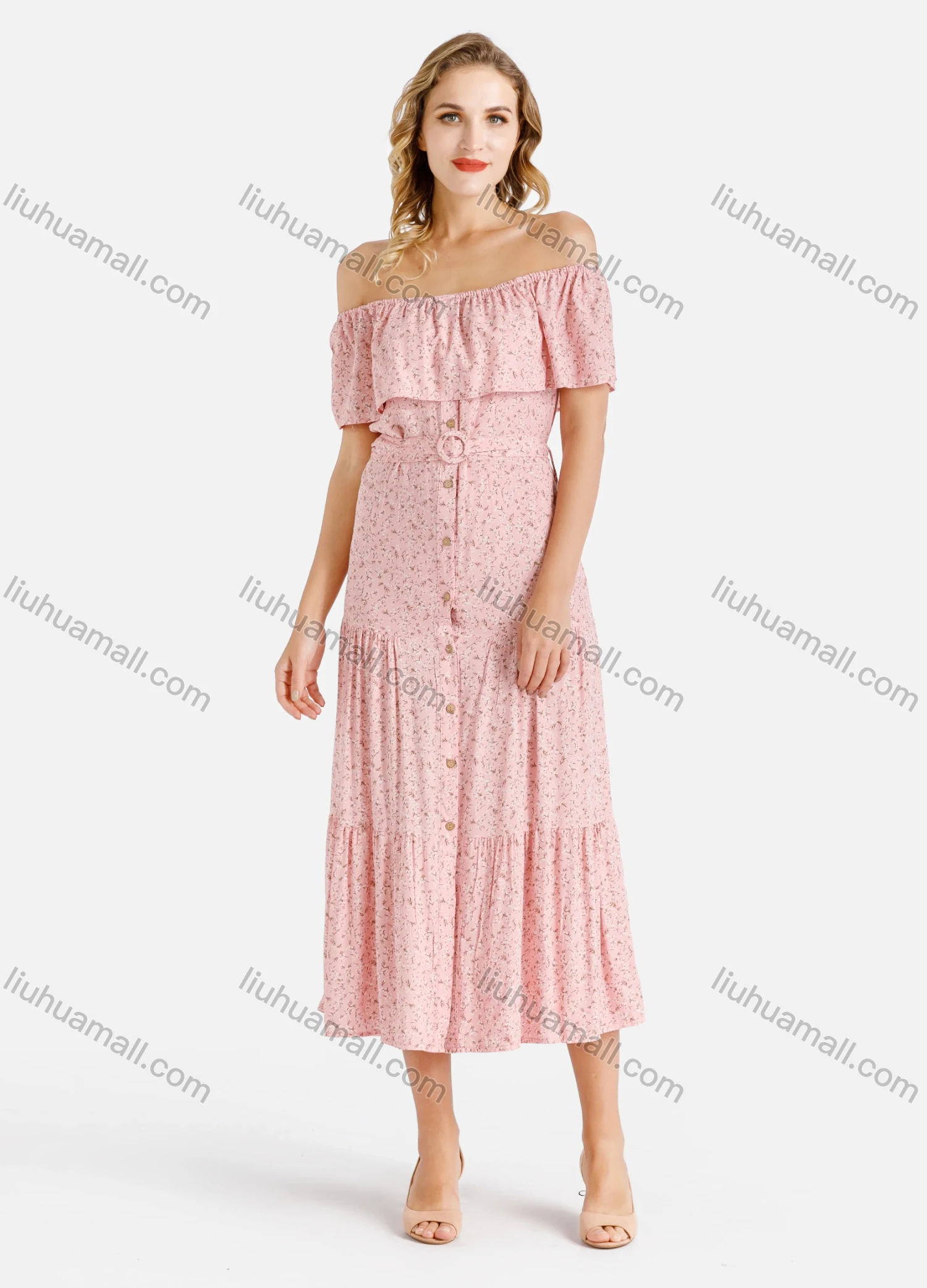 Wholesale Women's Off Shoulder Ditsy Floral Print Button Down Ruffle Hem Midi Dress With Belt - Liuhuamall