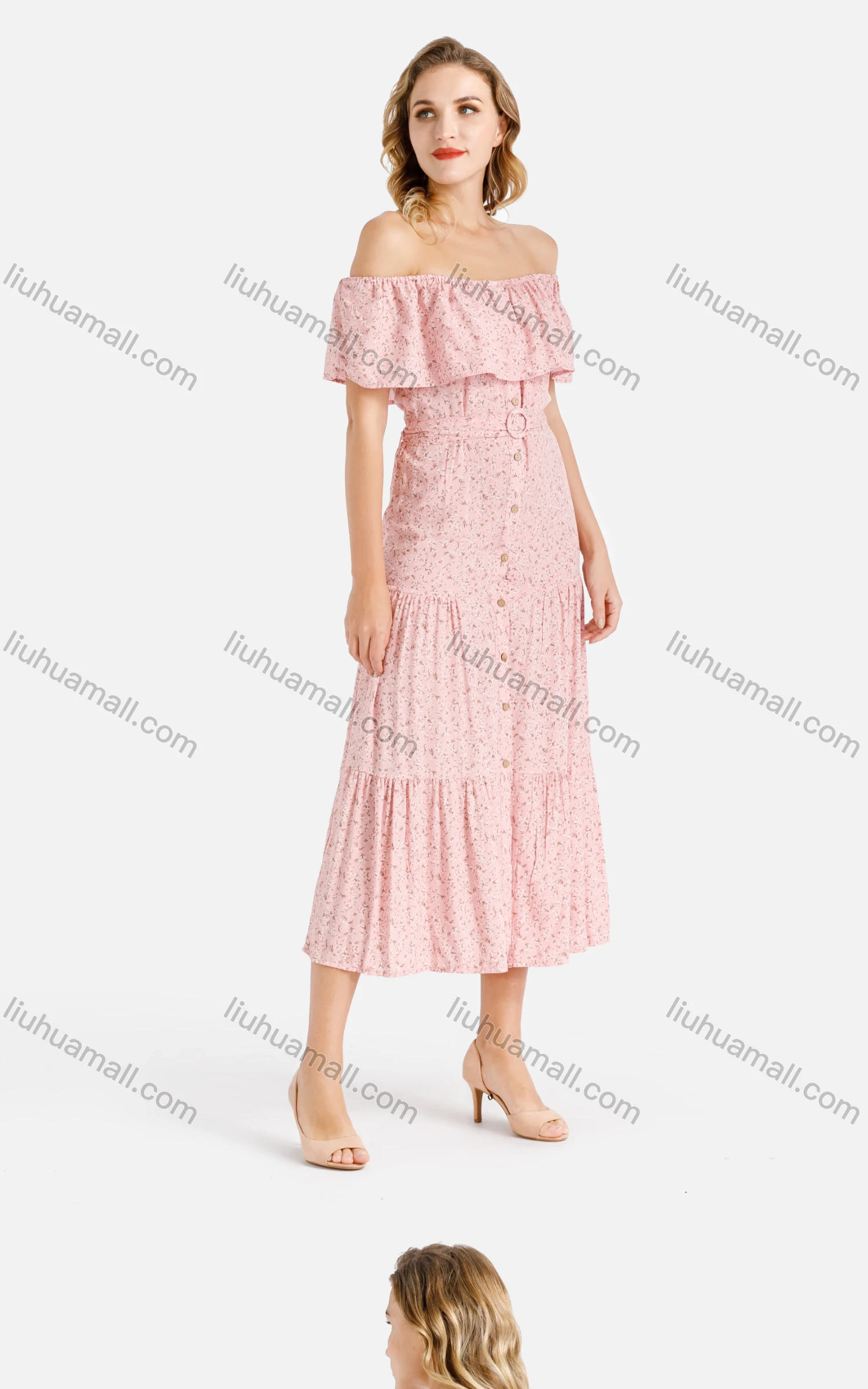 Wholesale Women's Off Shoulder Ditsy Floral Print Button Down Ruffle Hem Midi Dress With Belt - Liuhuamall