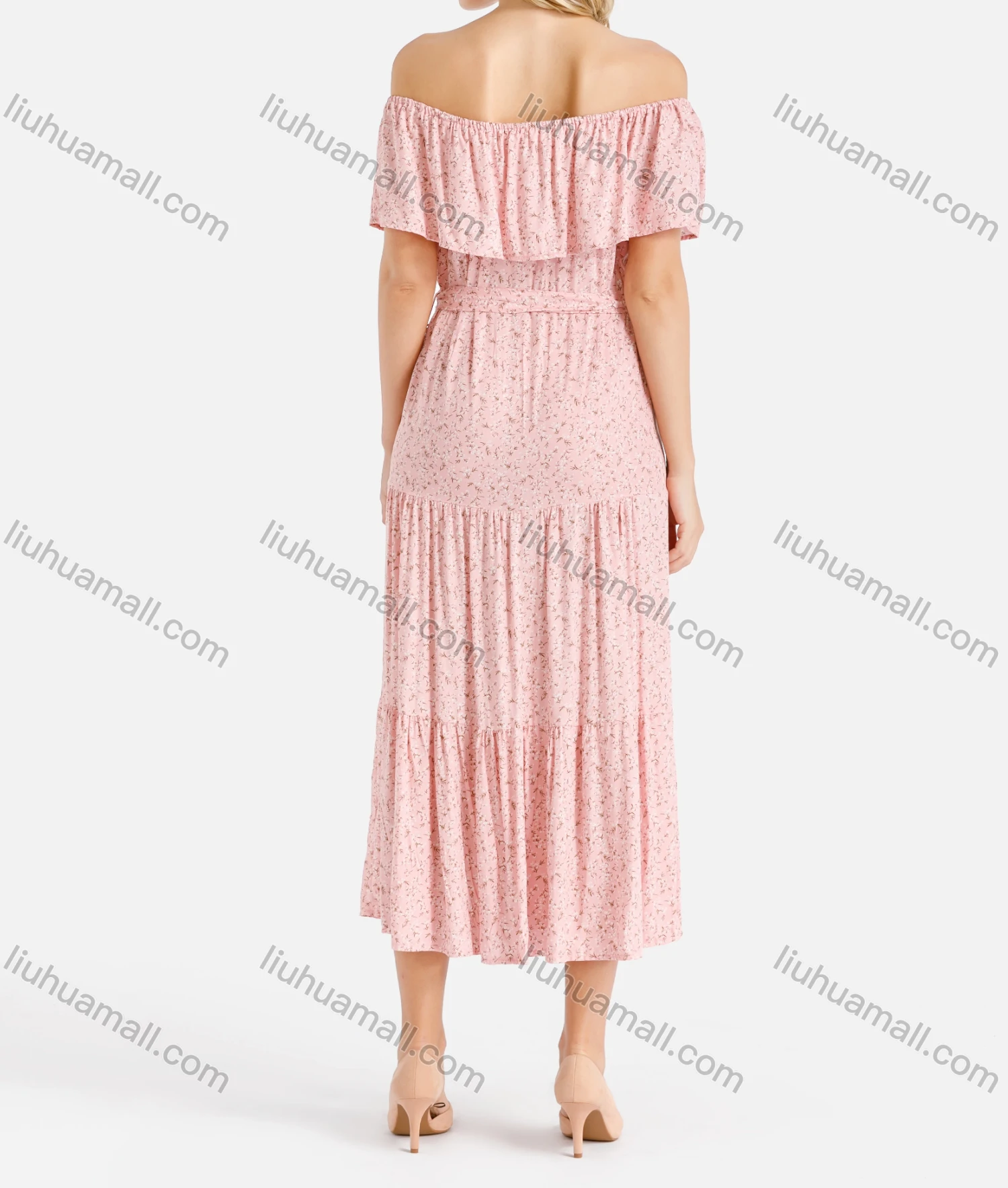 Wholesale Women's Off Shoulder Ditsy Floral Print Button Down Ruffle Hem Midi Dress With Belt - Liuhuamall