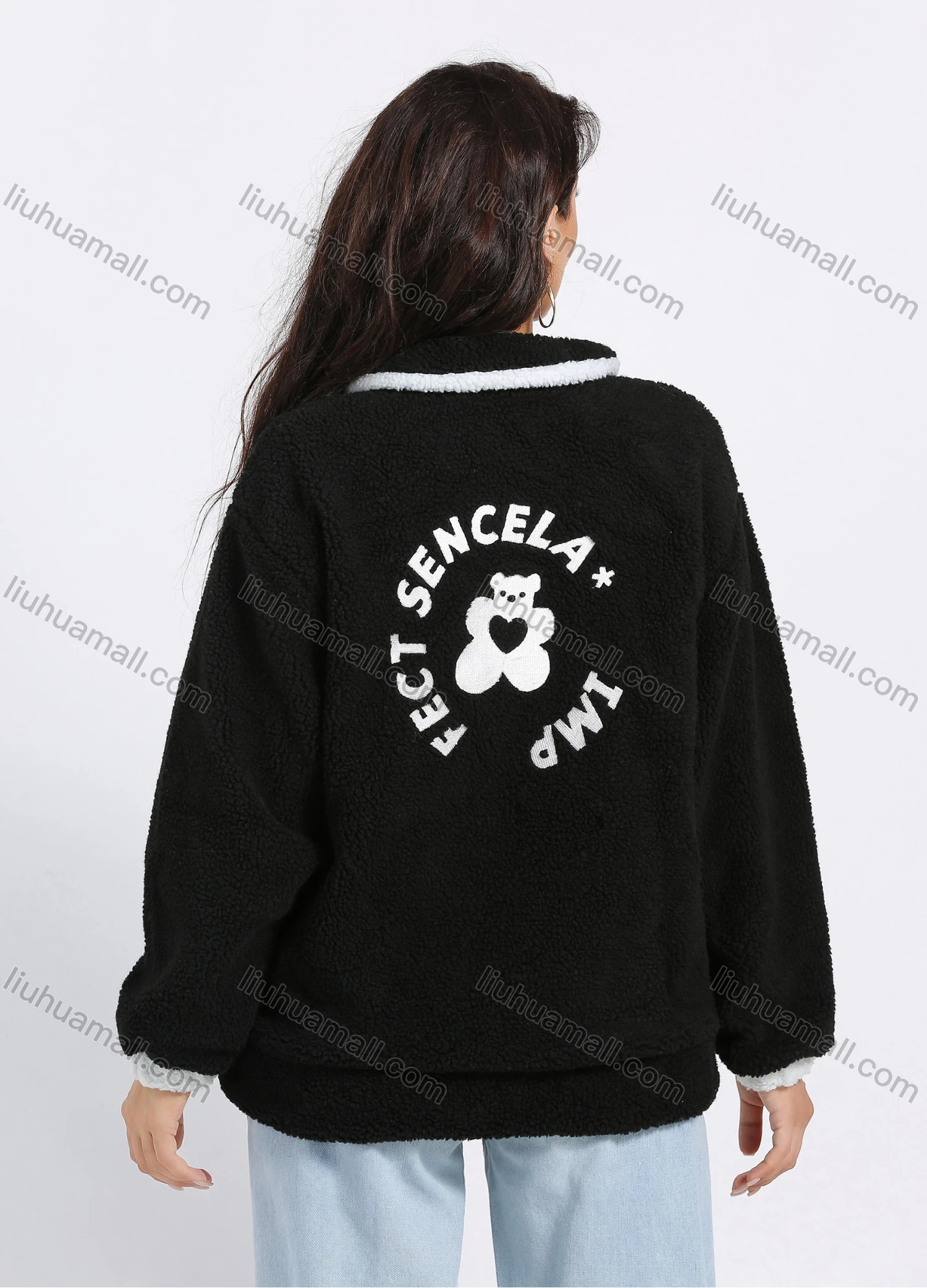 Wholesale Women's Casual Quarter Zip Stand Collar Embroidery Pullover Teddy Coat - Liuhuamall