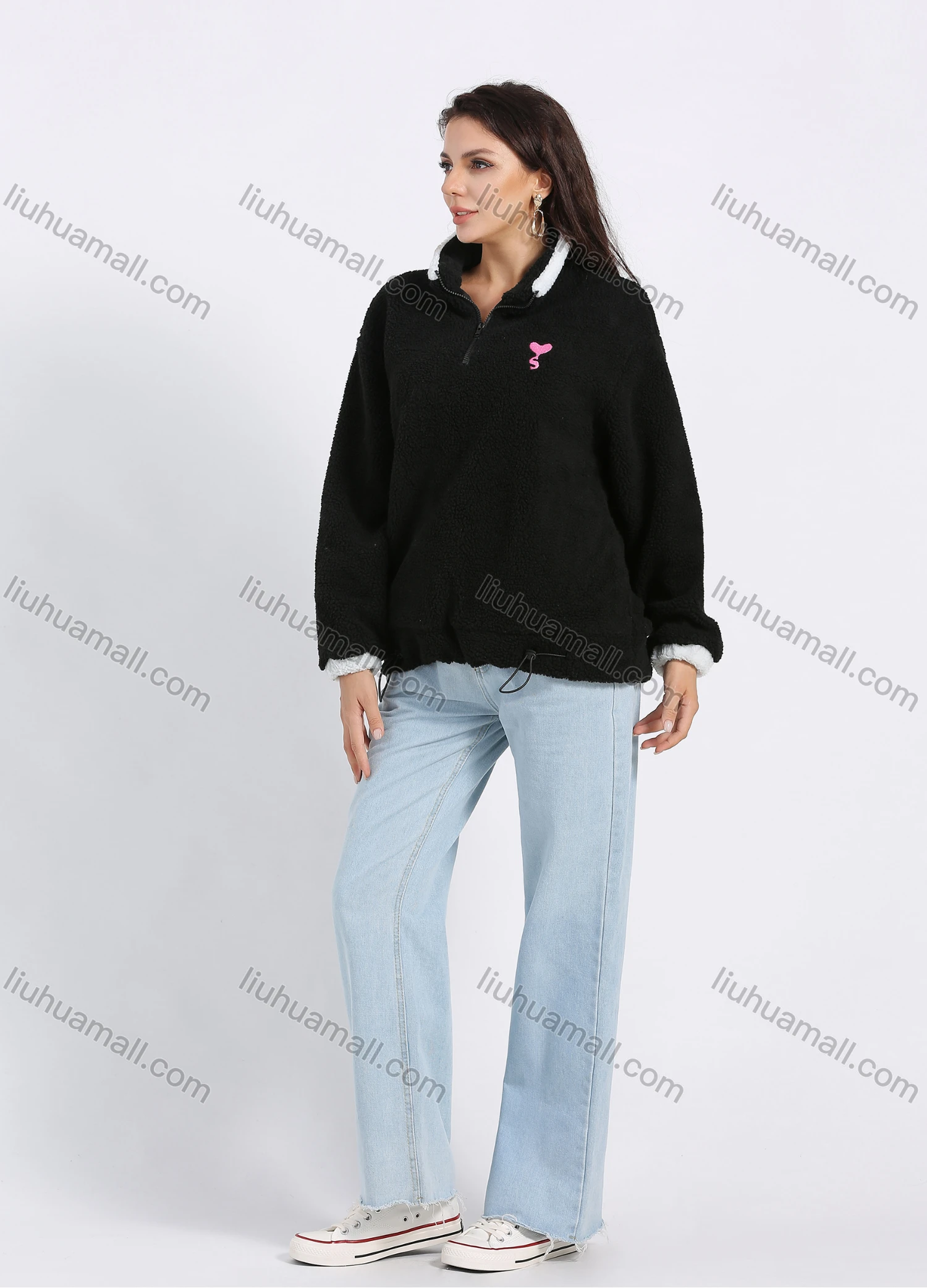 Wholesale Women's Casual Quarter Zip Stand Collar Embroidery Pullover Teddy Coat - Liuhuamall