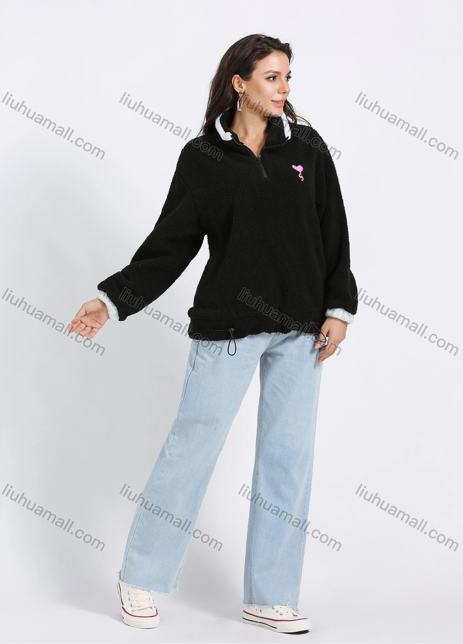 Wholesale Women's Casual Quarter Zip Stand Collar Embroidery Pullover Teddy Coat - Liuhuamall