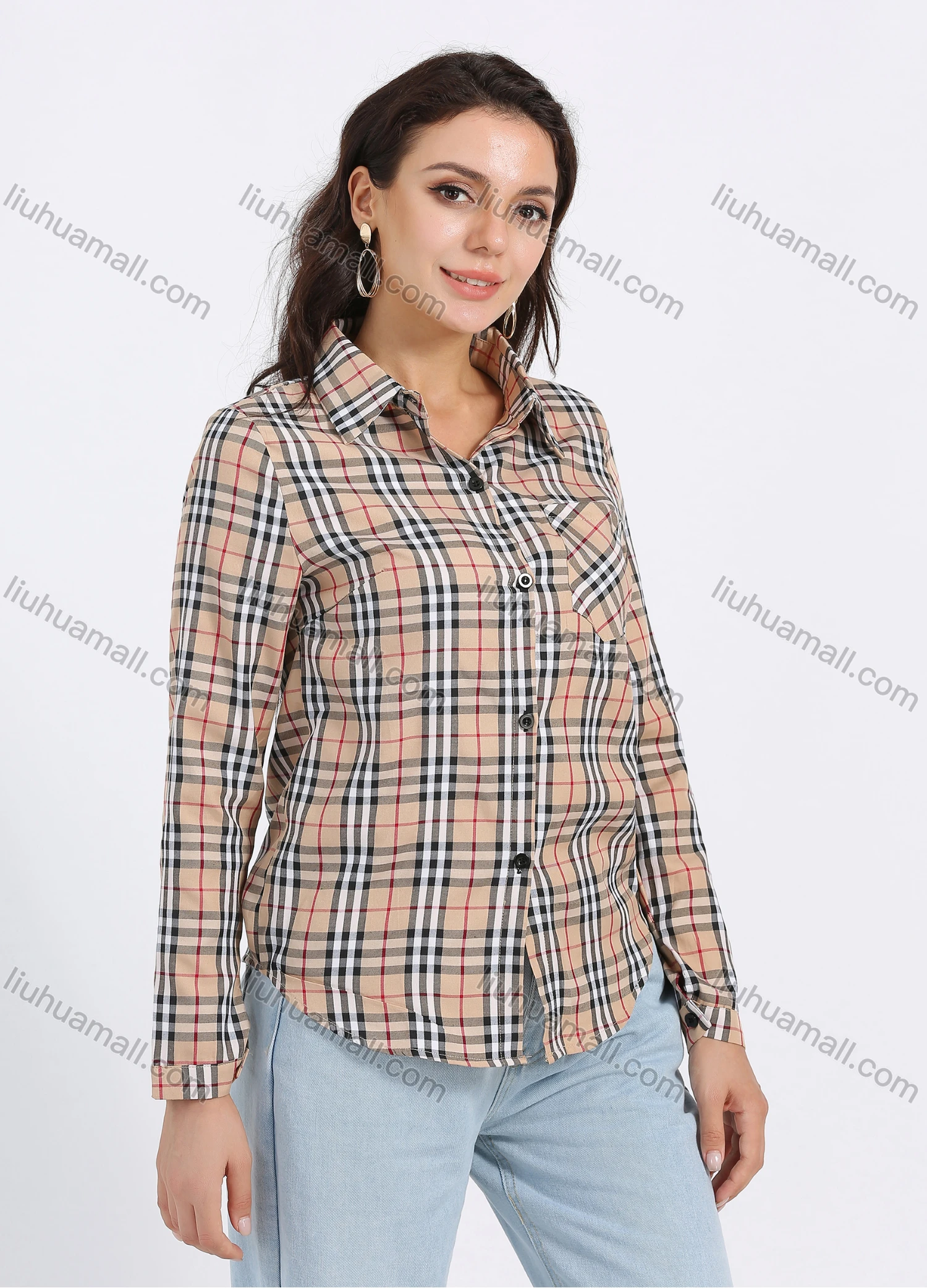 Wholesale Women's Long Sleeve Collared Button Front Plaid Print Casual Shirt - Liuhuamall
