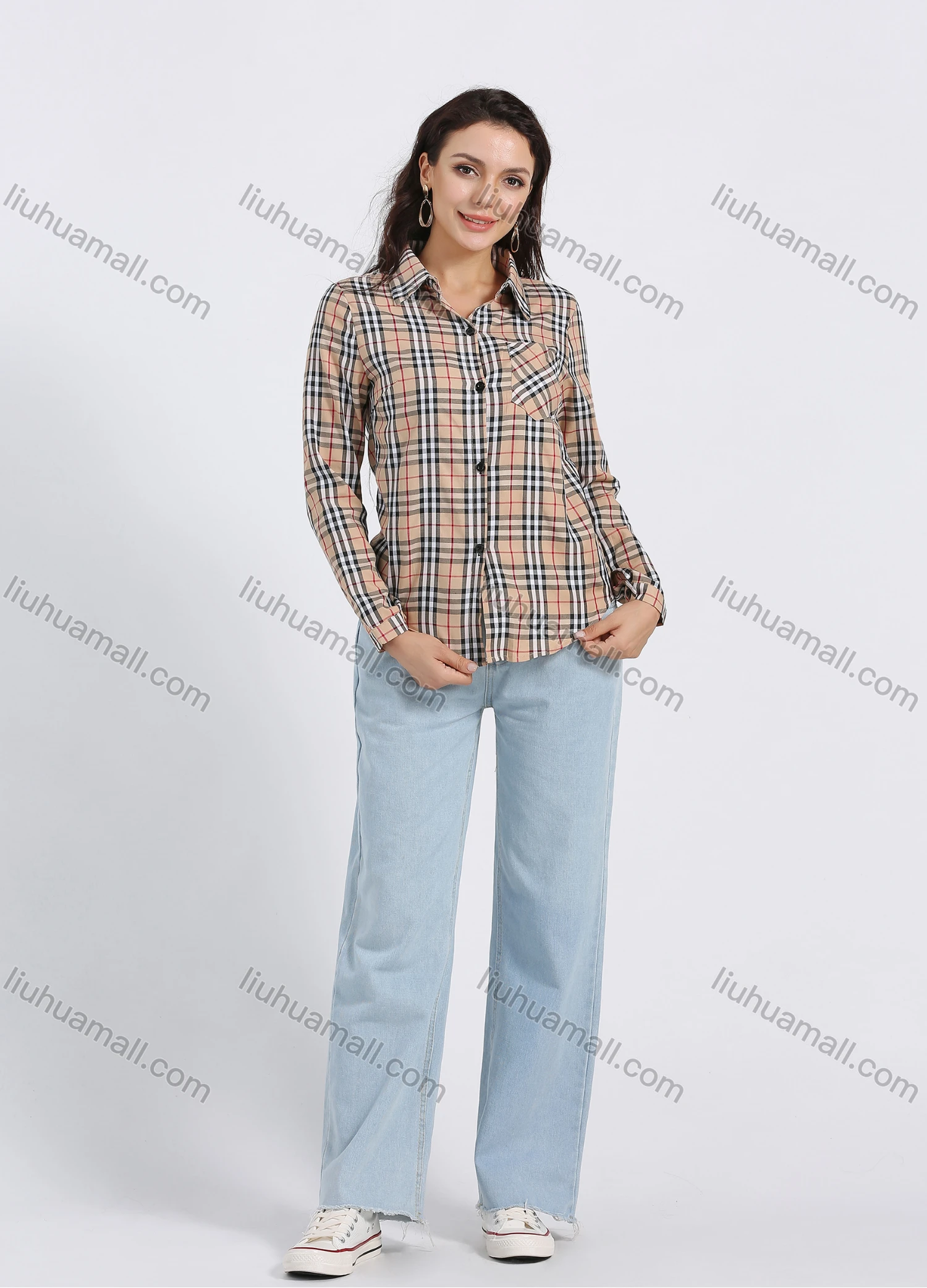 Wholesale Women's Long Sleeve Collared Button Front Plaid Print Casual Shirt - Liuhuamall
