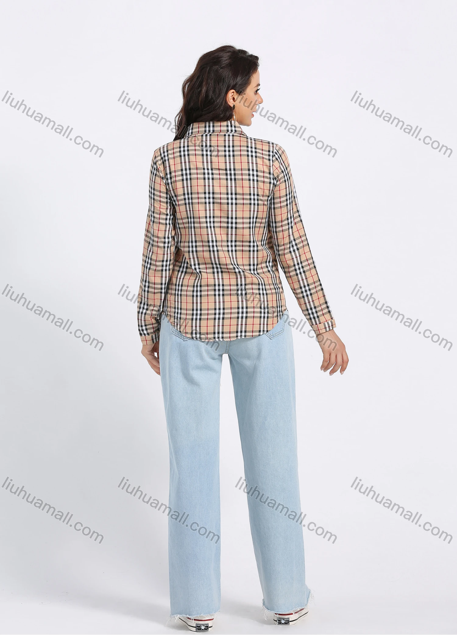 Wholesale Women's Long Sleeve Collared Button Front Plaid Print Casual Shirt - Liuhuamall