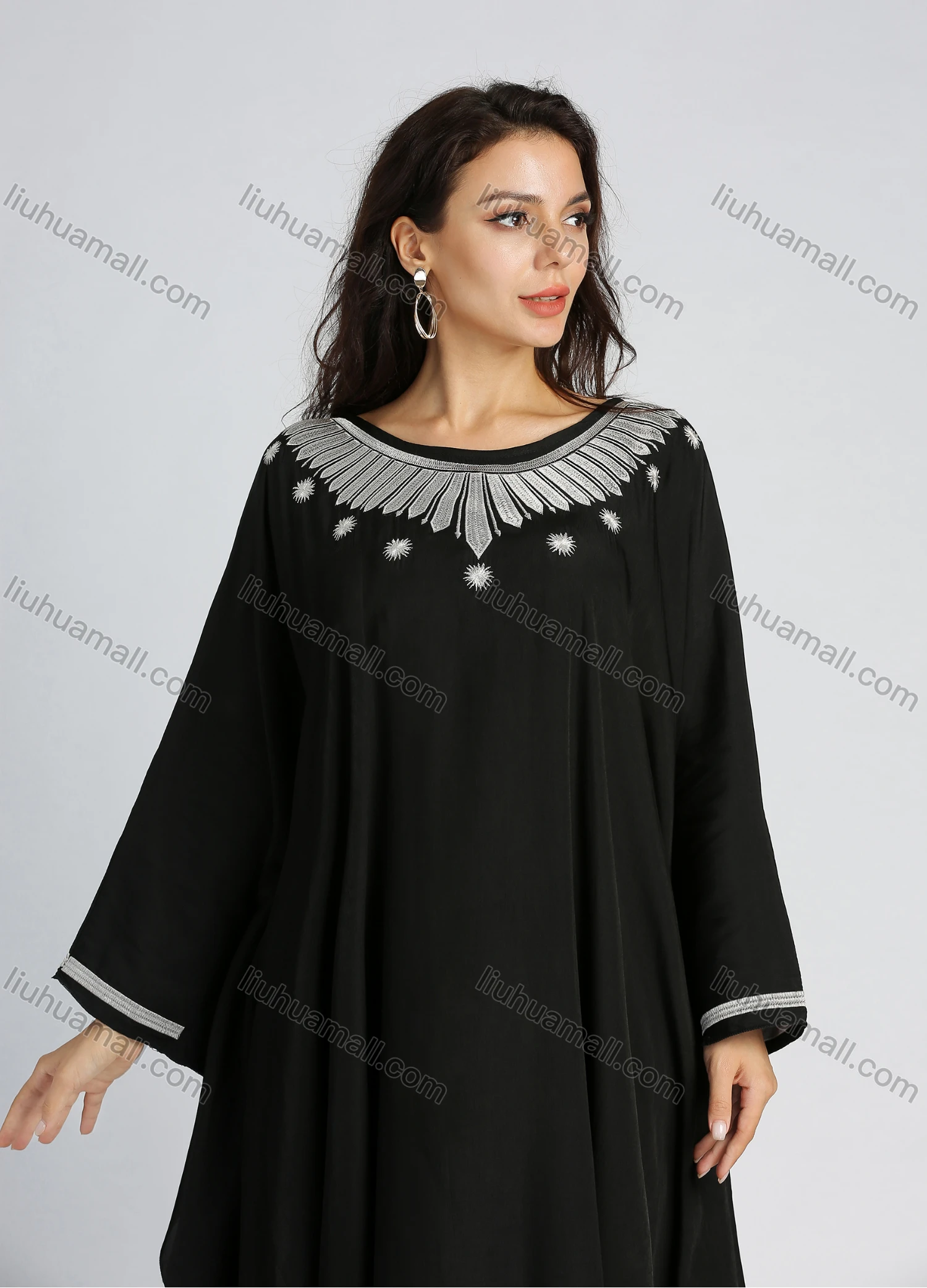 Wholesale Women's Islamic Muslim Plain Bateau Neck Embroidery Batwing Sleeve Robe Maxi Dress - Liuhuamall