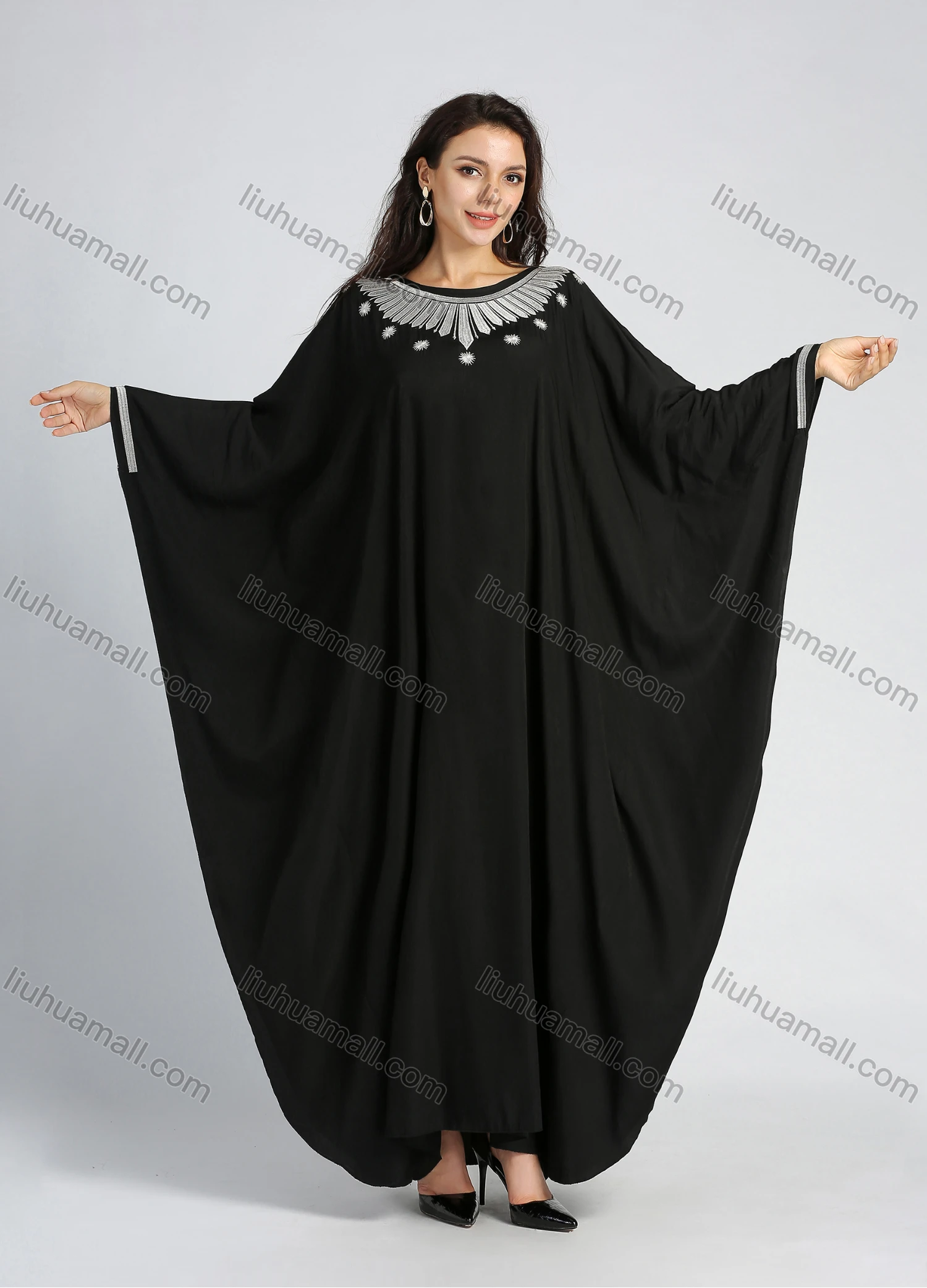 Wholesale Women's Islamic Muslim Plain Bateau Neck Embroidery Batwing Sleeve Robe Maxi Dress - Liuhuamall