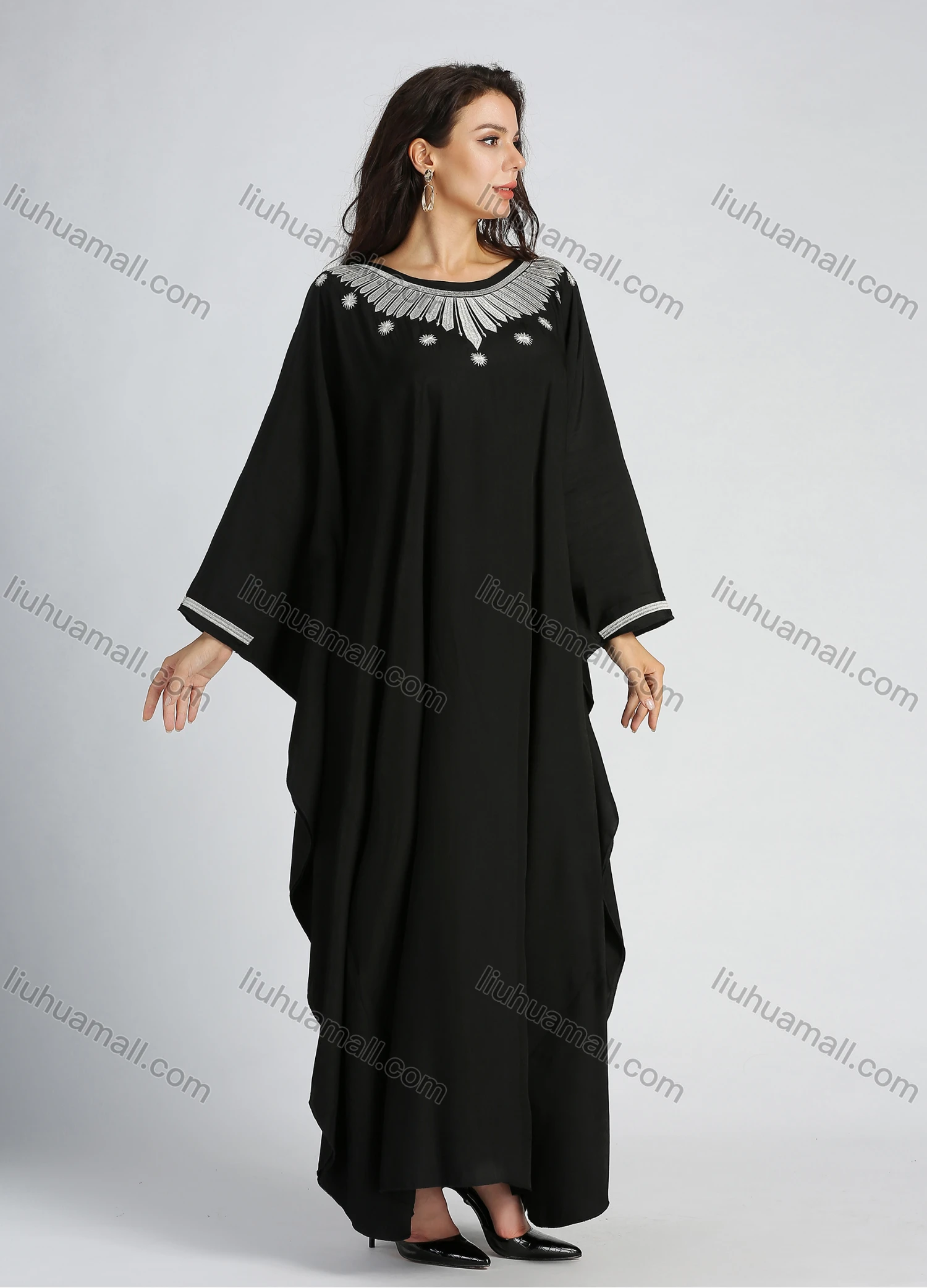 Wholesale Women's Islamic Muslim Plain Bateau Neck Embroidery Batwing Sleeve Robe Maxi Dress - Liuhuamall