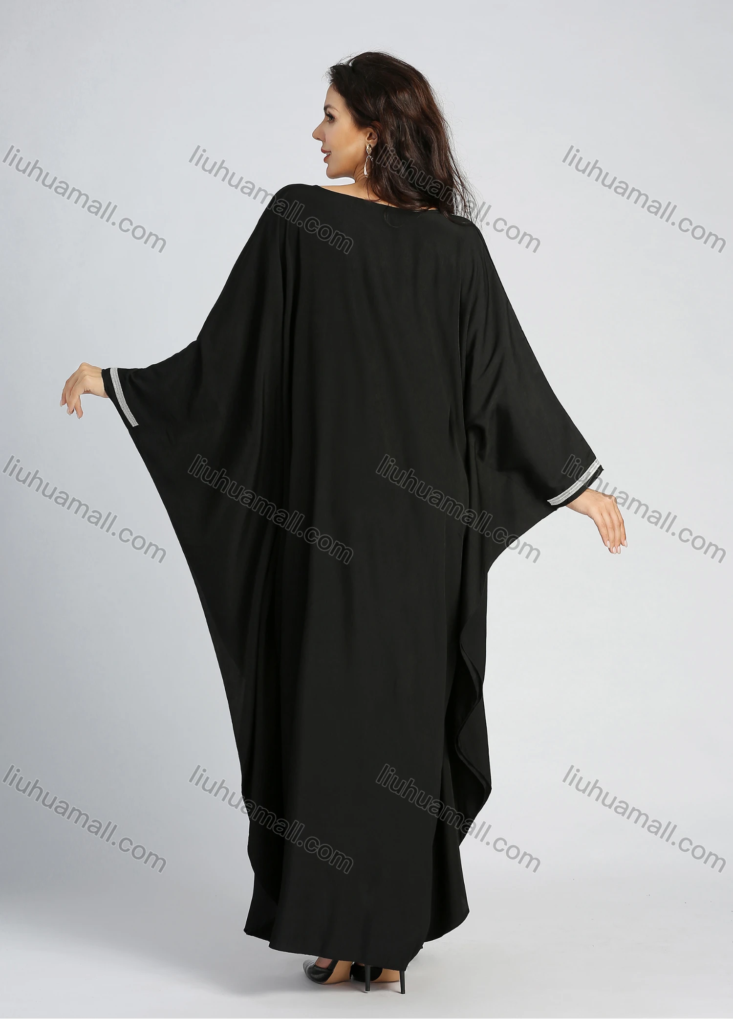 Wholesale Women's Islamic Muslim Plain Bateau Neck Embroidery Batwing Sleeve Robe Maxi Dress - Liuhuamall