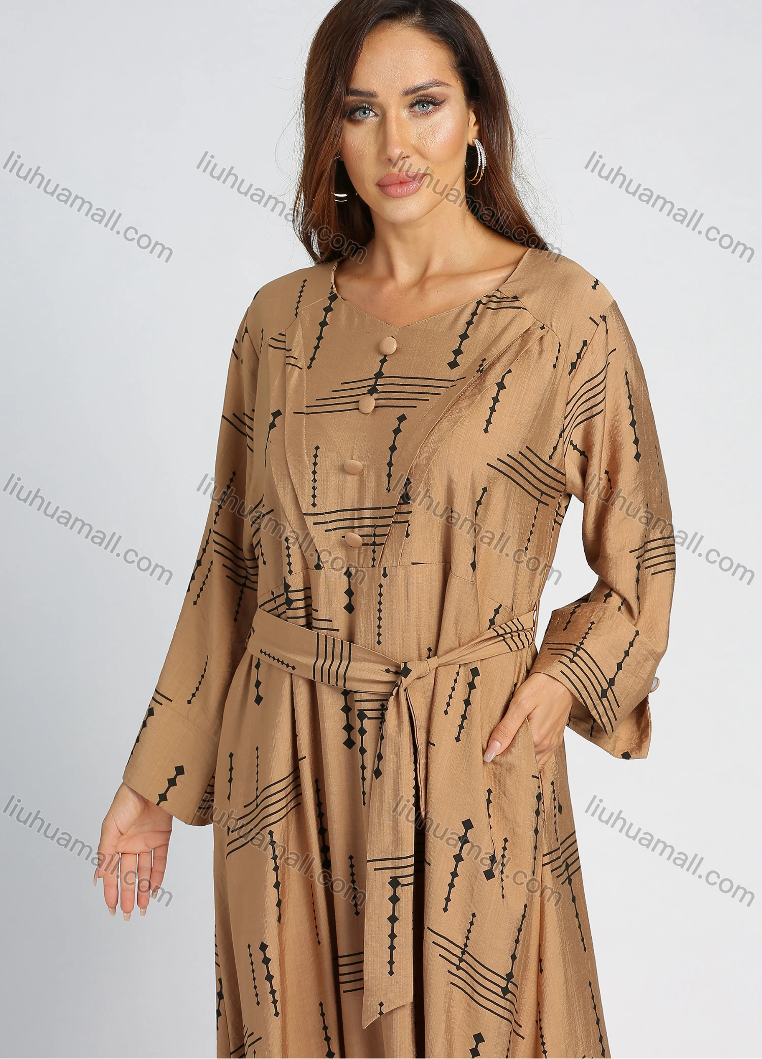 Wholesale Women's V Neck Long Sleeve Button Decor Allover Print Maxi Dress With Belt - Liuhuamall