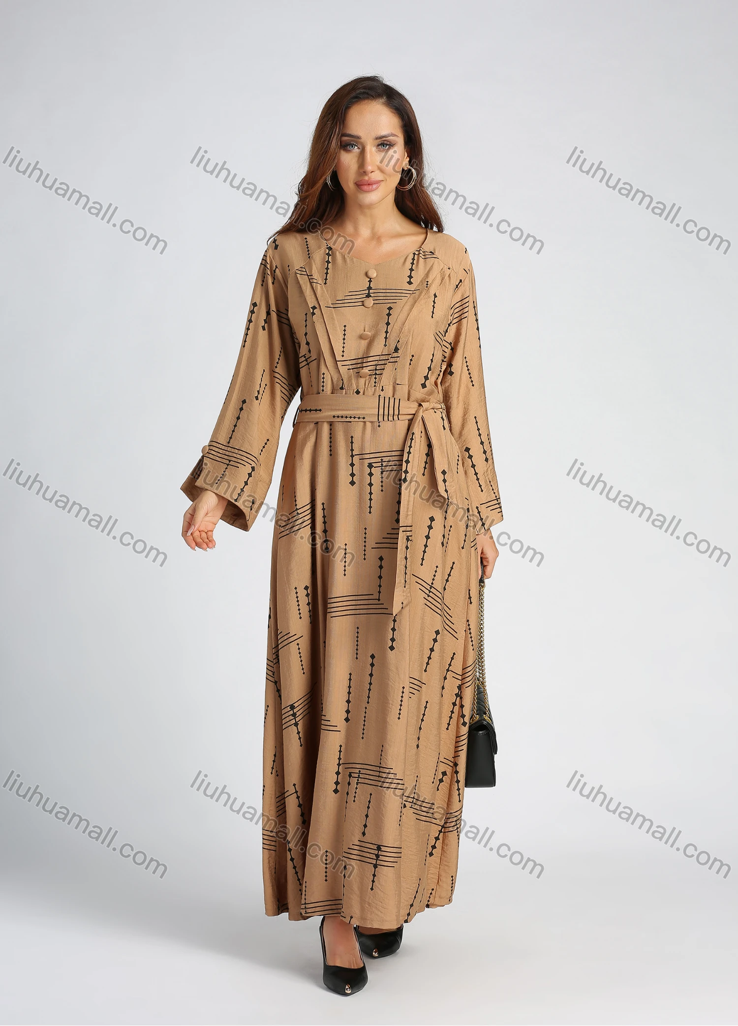 Wholesale Women's V Neck Long Sleeve Button Decor Allover Print Maxi Dress With Belt - Liuhuamall