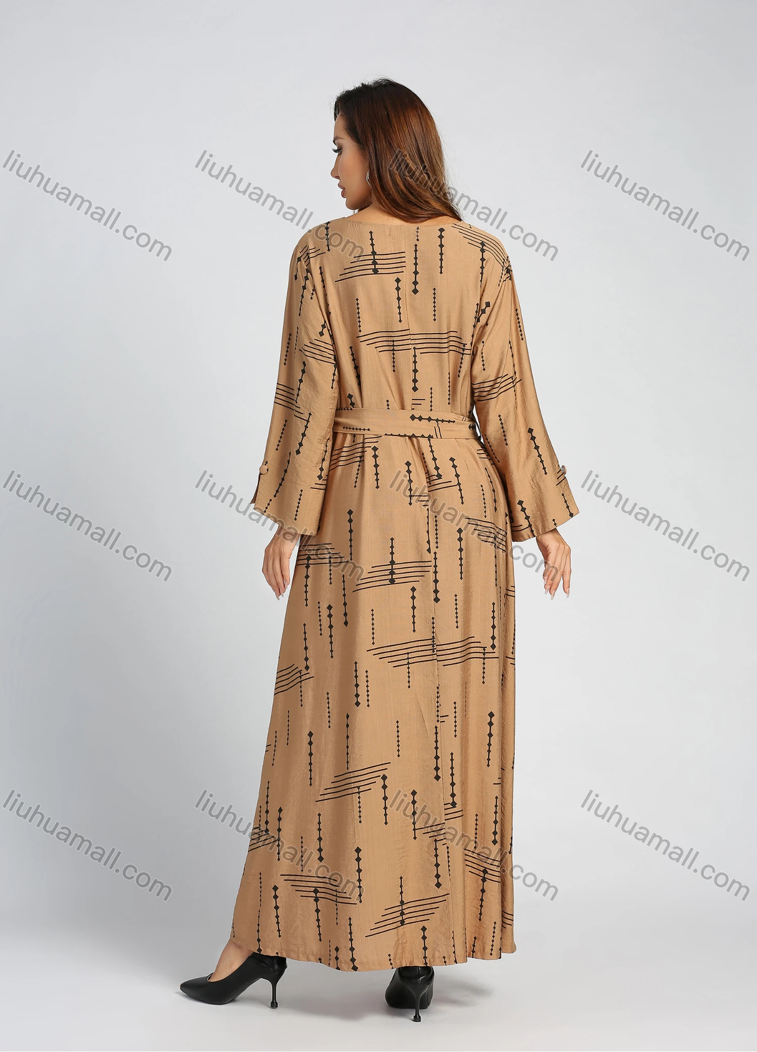 Wholesale Women's V Neck Long Sleeve Button Decor Allover Print Maxi Dress With Belt - Liuhuamall