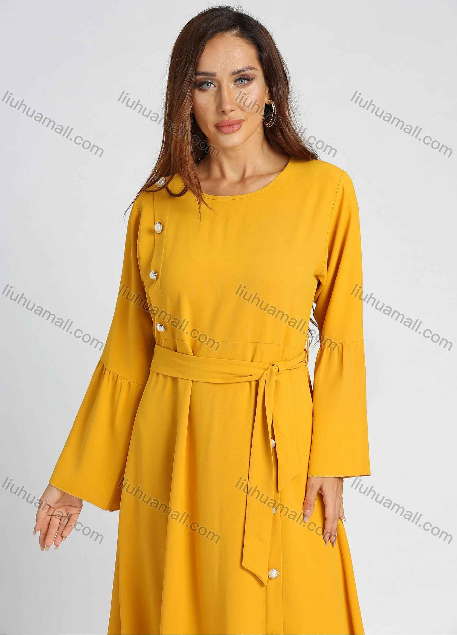 Wholesale Women's Round Neck Button Decor Bell Sleeve Plain A-line Maxi Dress With Belt - Liuhuamall
