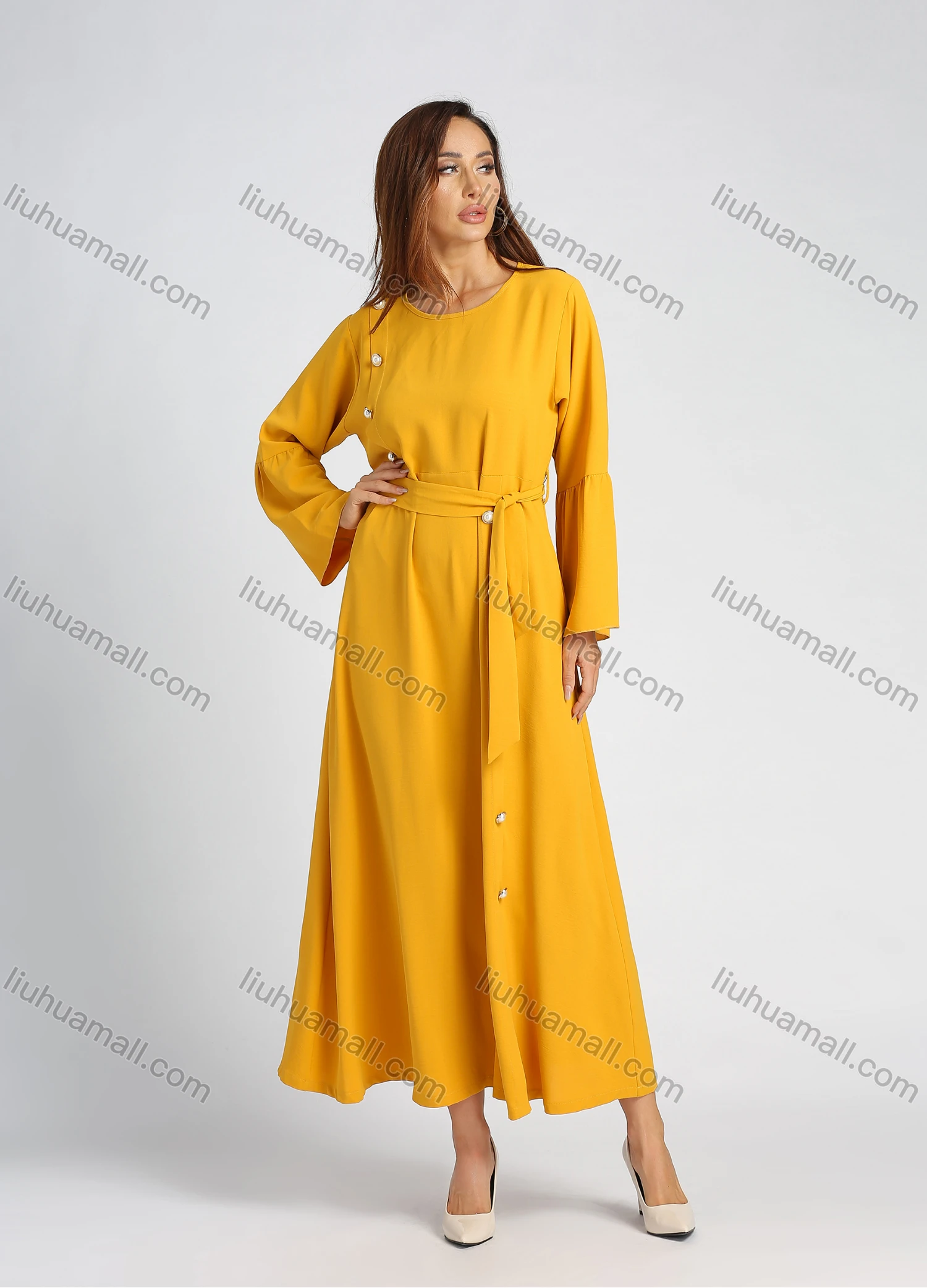 Wholesale Women's Round Neck Button Decor Bell Sleeve Plain A-line Maxi Dress With Belt - Liuhuamall