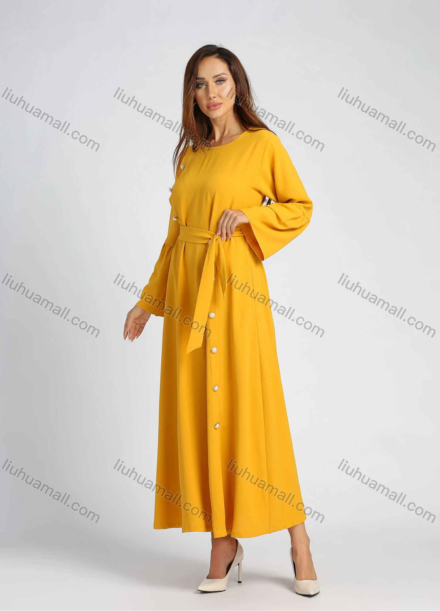 Wholesale Women's Round Neck Button Decor Bell Sleeve Plain A-line Maxi Dress With Belt - Liuhuamall