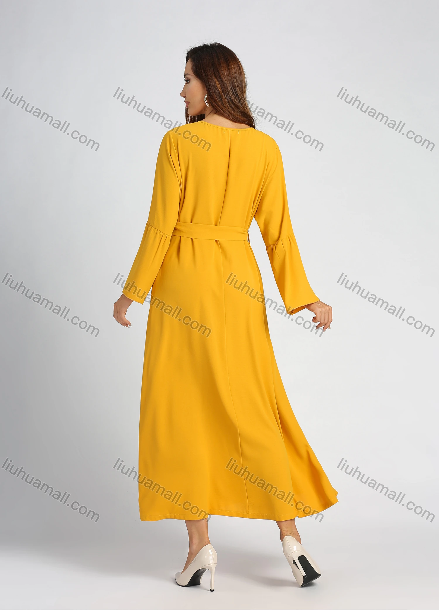 Wholesale Women's Round Neck Button Decor Bell Sleeve Plain A-line Maxi Dress With Belt - Liuhuamall