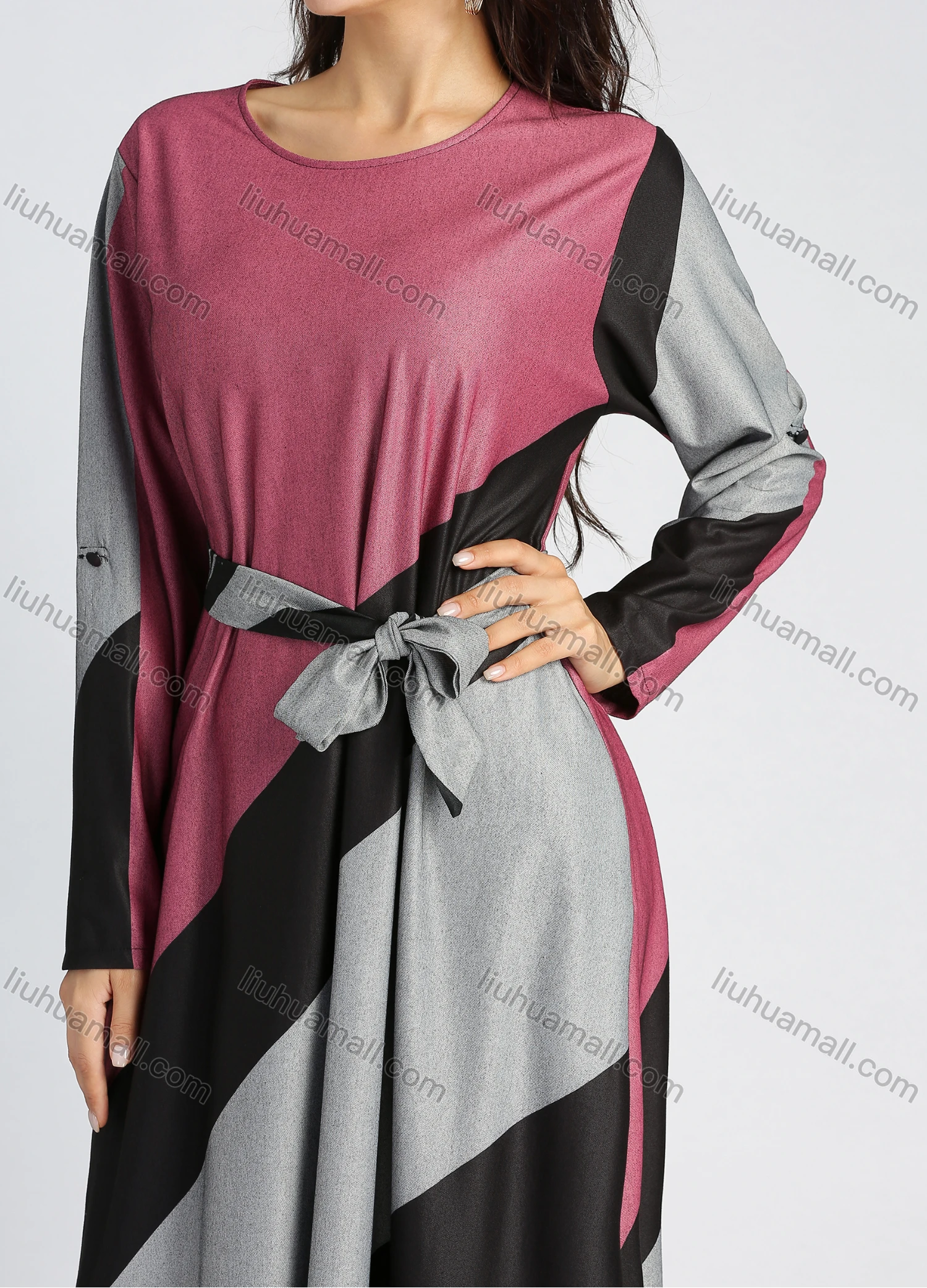 Wholesale Women's Casual Colorblock Round Neck A-line Maxi Dress With Belt - Liuhuamall