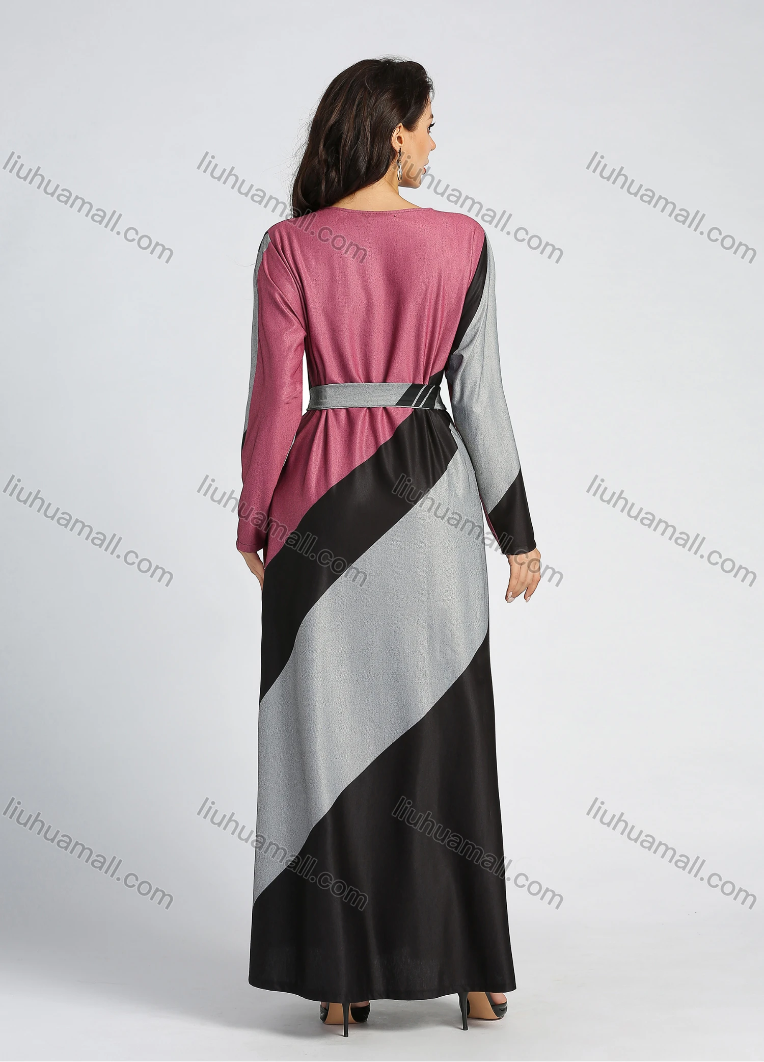 Wholesale Women's Casual Colorblock Round Neck A-line Maxi Dress With Belt - Liuhuamall