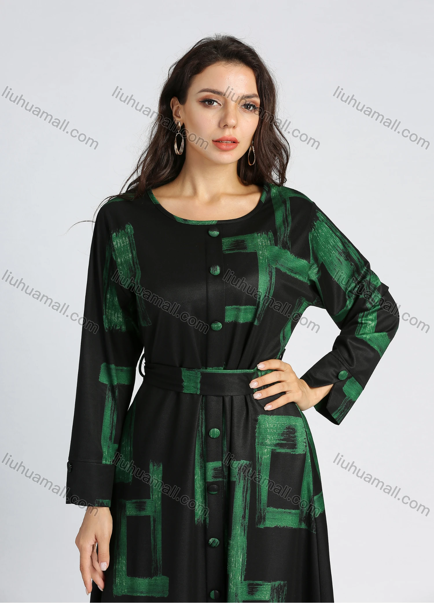 Wholesale Women's Casual Round Neck Long Sleeve Allover Print Button Decor Maxi Dress With Belt - Liuhuamall