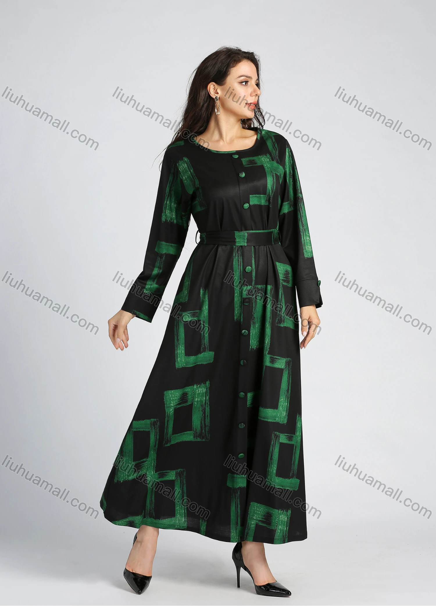 Wholesale Women's Casual Round Neck Long Sleeve Allover Print Button Decor Maxi Dress With Belt - Liuhuamall