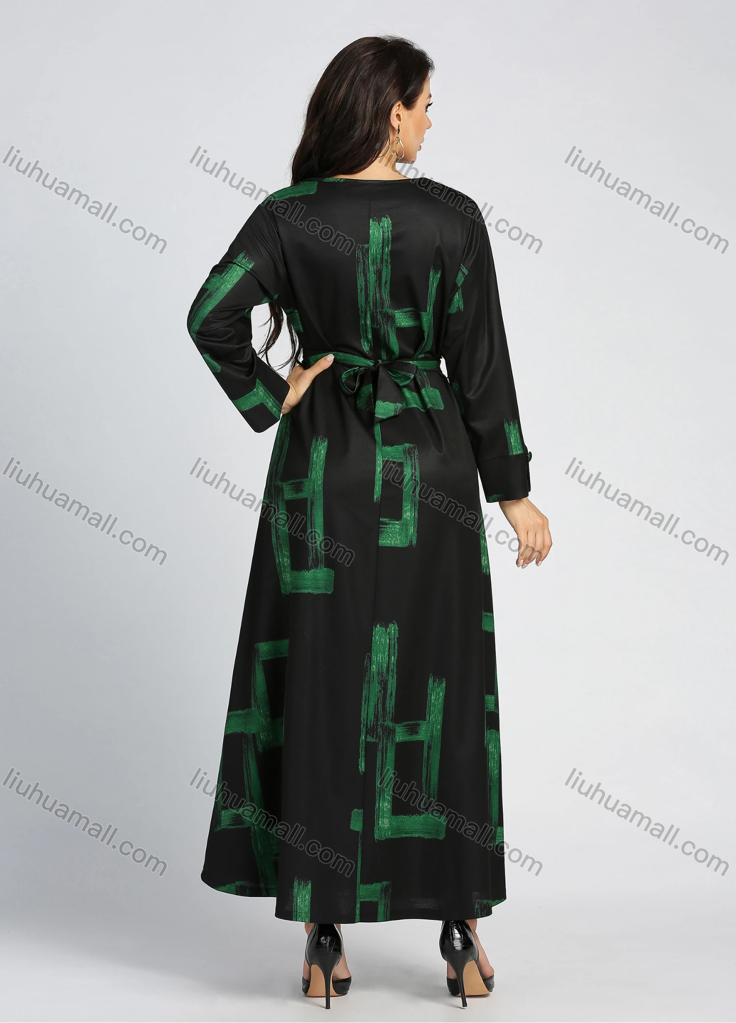 Wholesale Women's Casual Round Neck Long Sleeve Allover Print Button Decor Maxi Dress With Belt - Liuhuamall