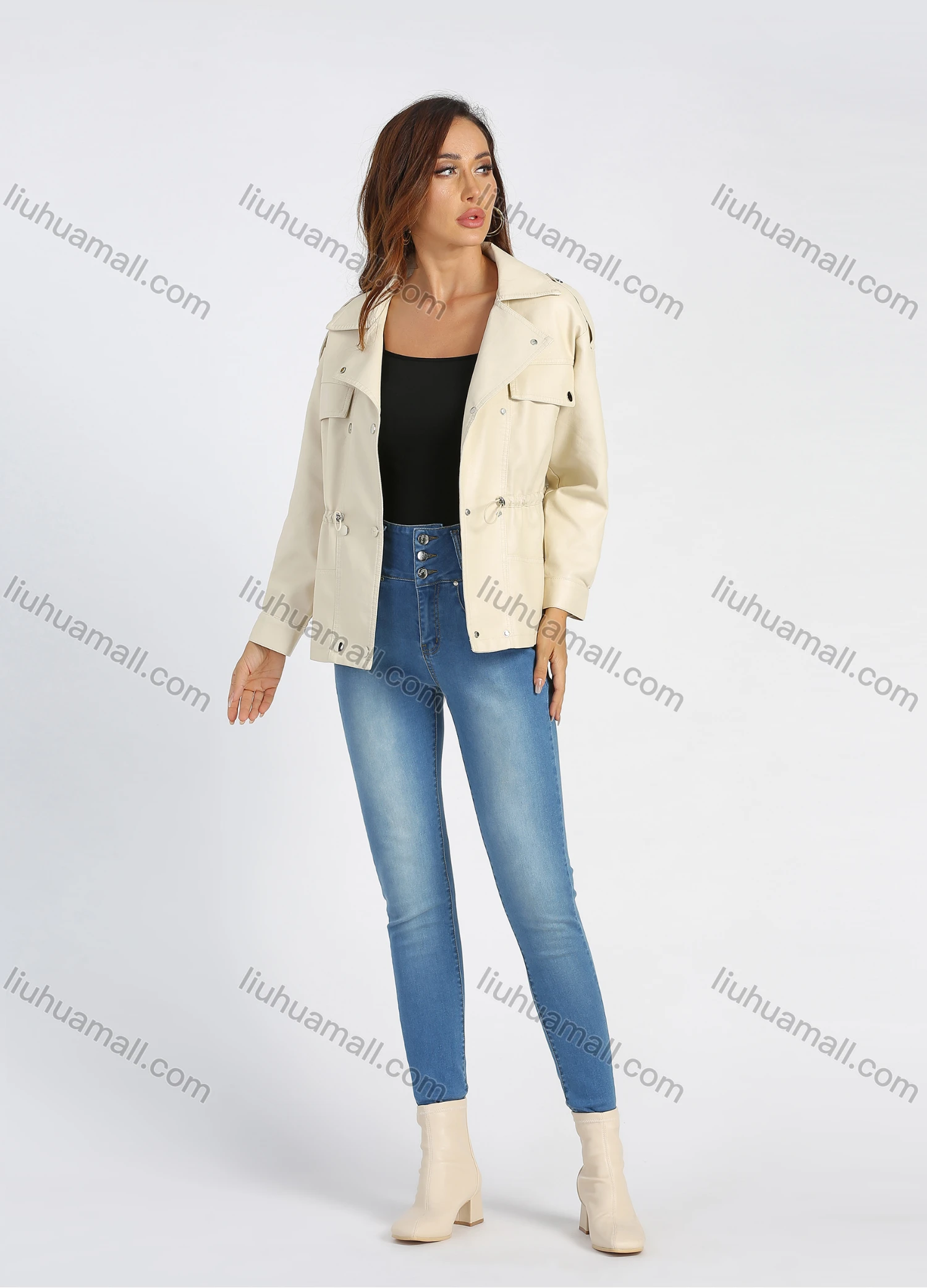 Wholesale Women's Fashion Lapel Button Closure Drawstring Leather Jacket - Liuhuamall