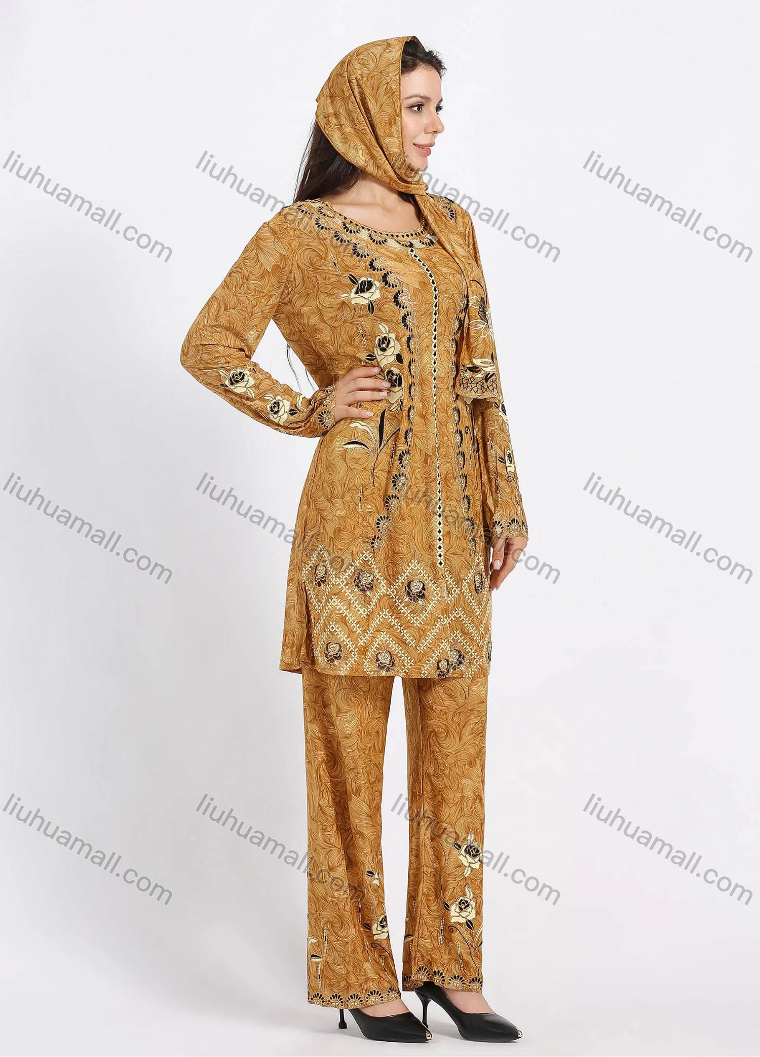 Wholesale Women's Muslim Islamic Folk Art Floral Print Long Sleeve Tunic & Wide Leg Pant With Hijab 3 Piece Set - Liuhuamall