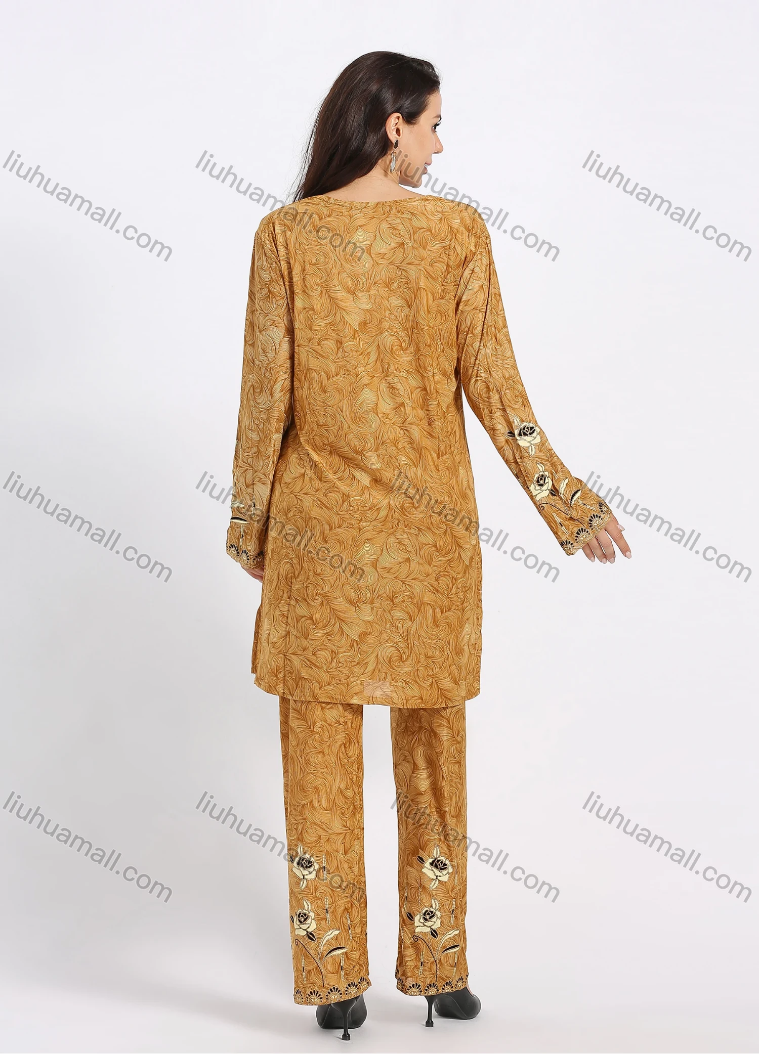 Wholesale Women's Muslim Islamic Folk Art Floral Print Long Sleeve Tunic & Wide Leg Pant With Hijab 3 Piece Set - Liuhuamall