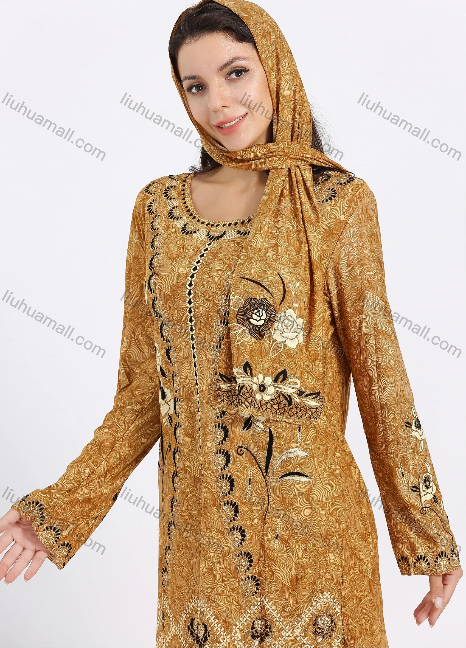 Wholesale Women's Muslim Islamic Folk Art Floral Print Long Sleeve Tunic & Wide Leg Pant With Hijab 3 Piece Set - Liuhuamall