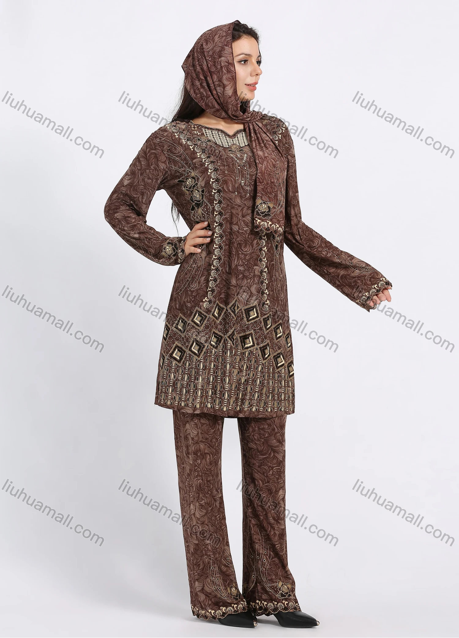 Wholesale Women's Muslim Islamic Folk Art Sweetheart Neck Long Sleeve Tunic & Wide Leg Pant With Hijab 3 Piece Set - Liuhuamall