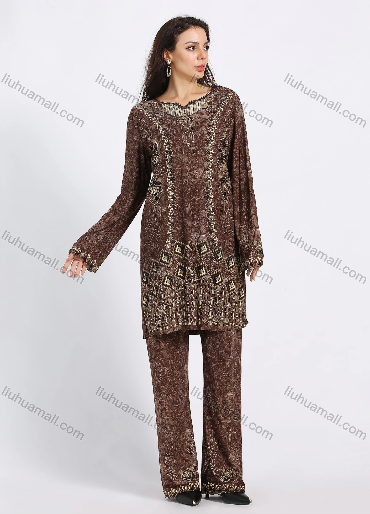 Wholesale Women's Muslim Islamic Folk Art Sweetheart Neck Long Sleeve Tunic & Wide Leg Pant With Hijab 3 Piece Set - Liuhuamall