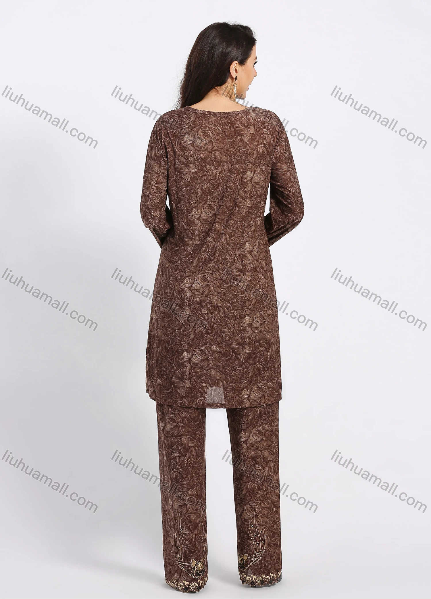 Wholesale Women's Muslim Islamic Folk Art Sweetheart Neck Long Sleeve Tunic & Wide Leg Pant With Hijab 3 Piece Set - Liuhuamall