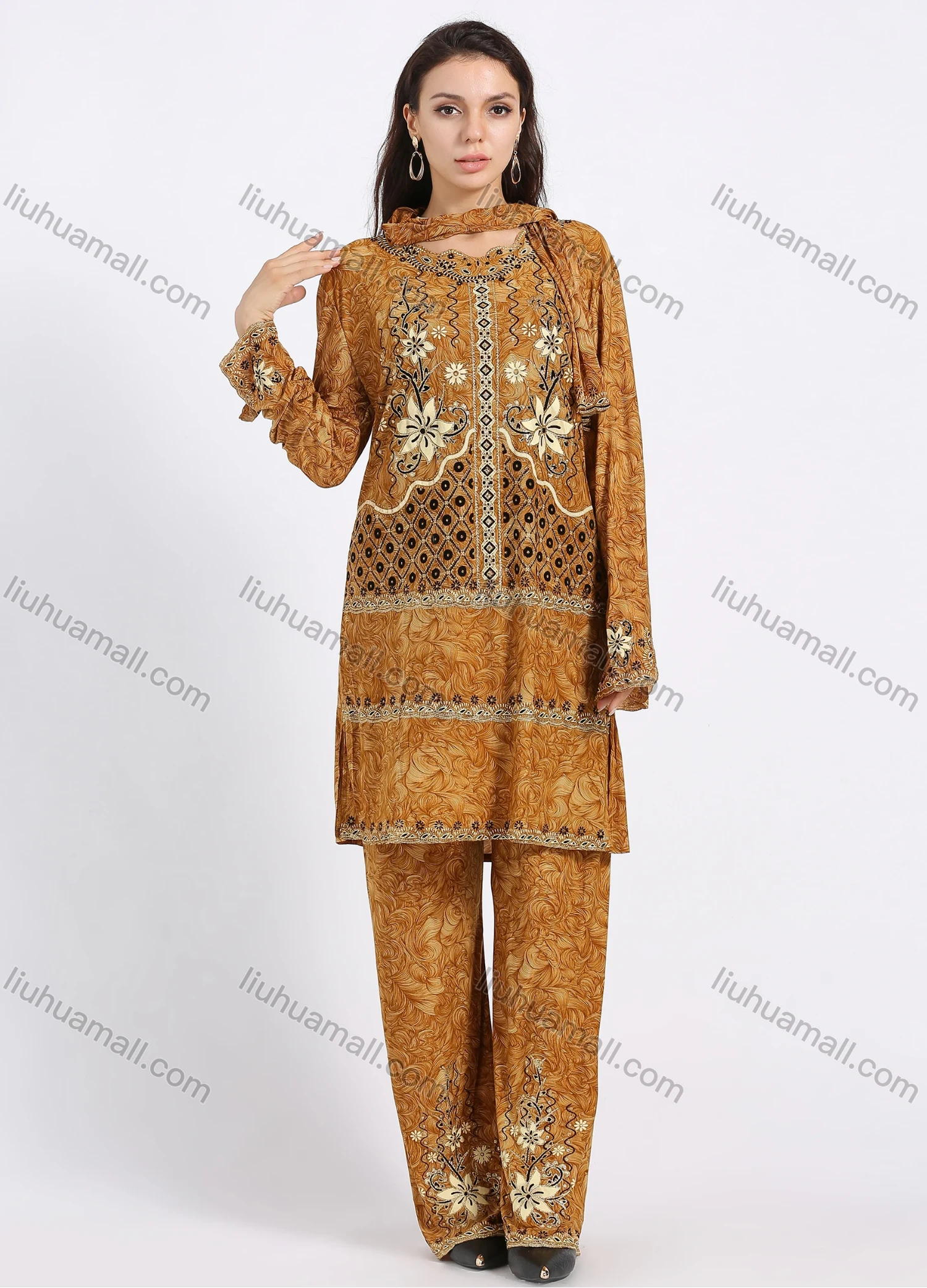 Wholesale Women's Muslim Islamic Folk Art Scalloped Trim Split Hem Tunic & Wide Leg Pant With Hijab 3 Piece Set - Liuhuamall