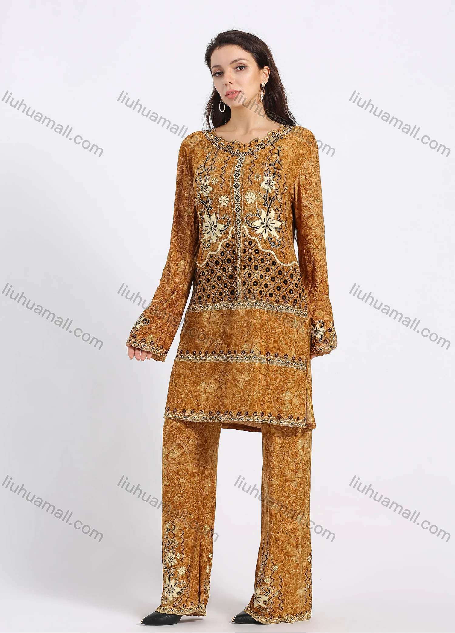 Wholesale Women's Muslim Islamic Folk Art Scalloped Trim Split Hem Tunic & Wide Leg Pant With Hijab 3 Piece Set - Liuhuamall