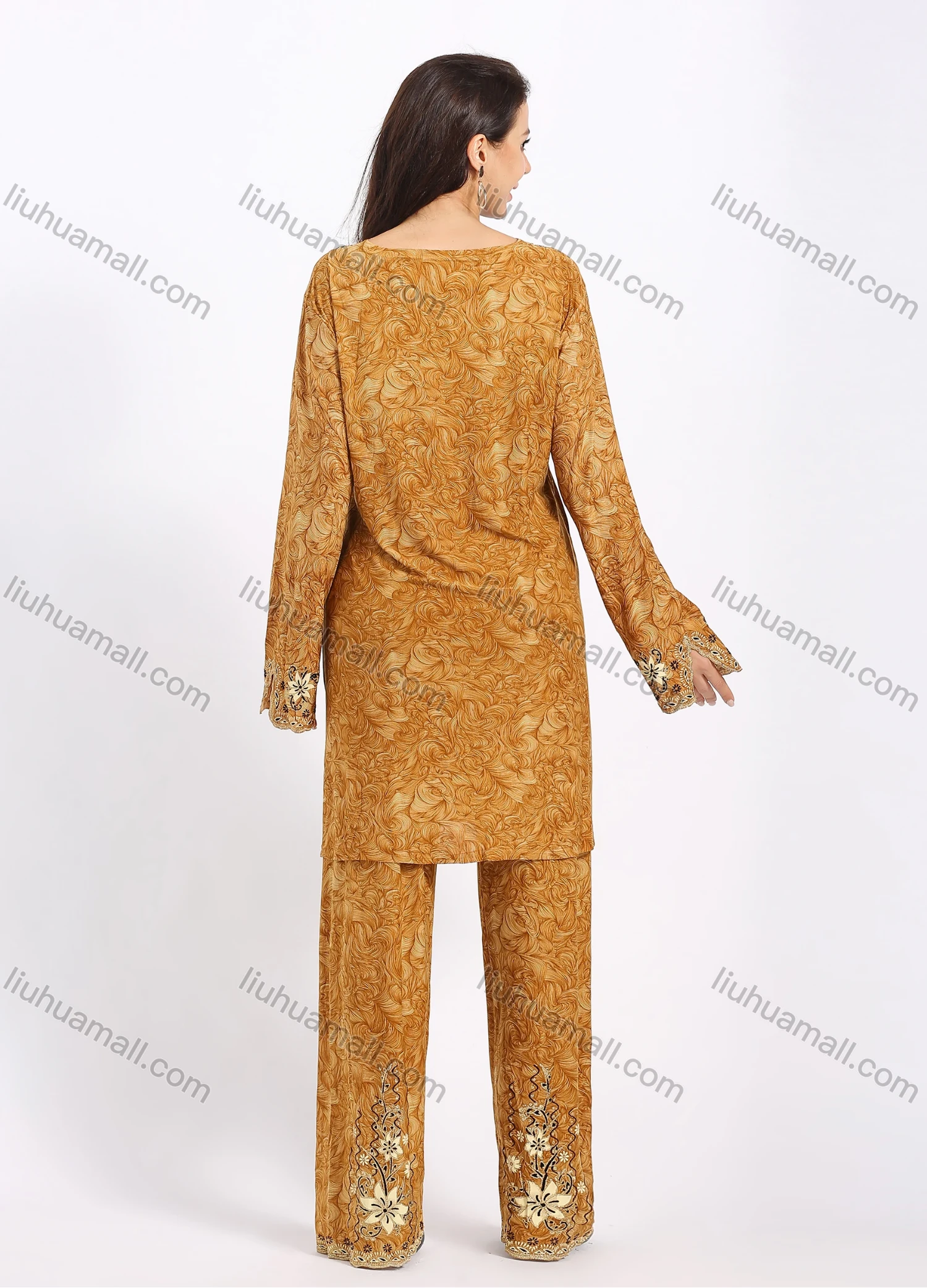 Wholesale Women's Muslim Islamic Folk Art Scalloped Trim Split Hem Tunic & Wide Leg Pant With Hijab 3 Piece Set - Liuhuamall