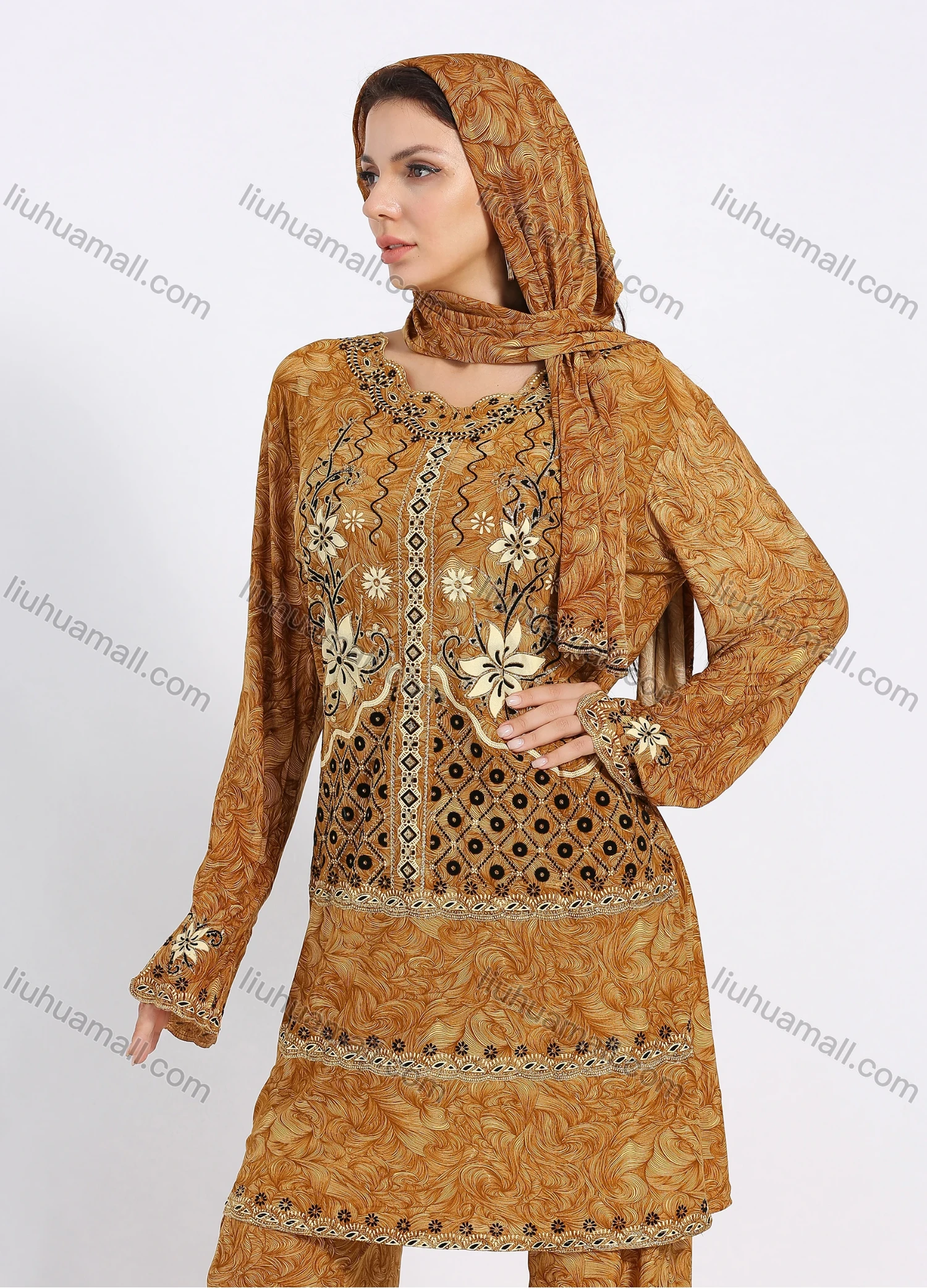 Wholesale Women's Muslim Islamic Folk Art Scalloped Trim Split Hem Tunic & Wide Leg Pant With Hijab 3 Piece Set - Liuhuamall