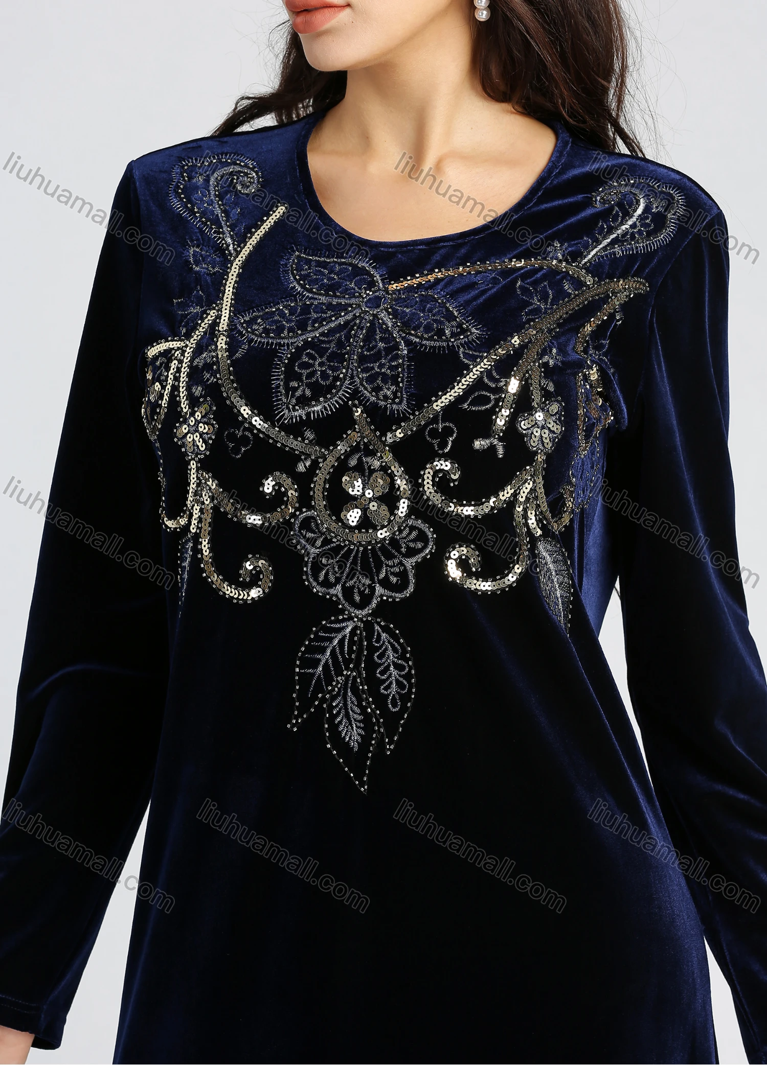 Wholesale Women's Elegant Velvet Round Neck Long Sleeve Embroidery Sequin Maxi Dress - Liuhuamall