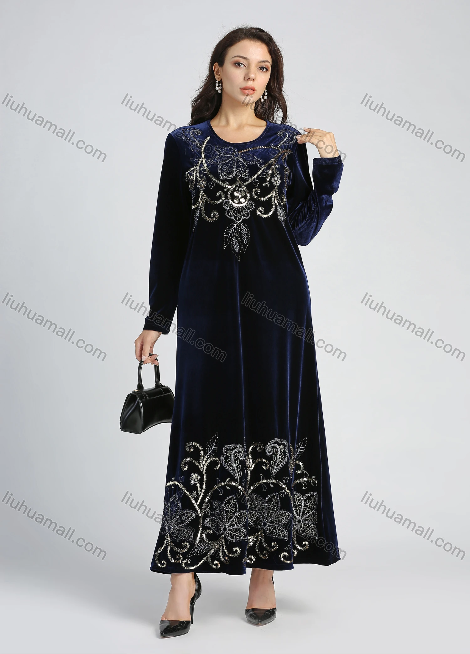 Wholesale Women's Elegant Velvet Round Neck Long Sleeve Embroidery Sequin Maxi Dress - Liuhuamall