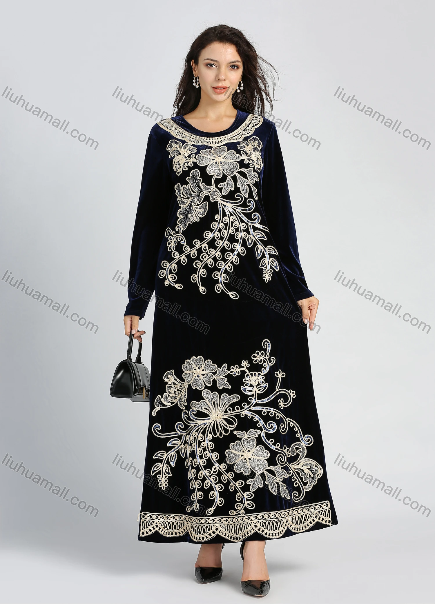 Wholesale Women's Elegant Velvet Sequin Embroidery Round Neck Long Sleeve Maxi Dress - Liuhuamall