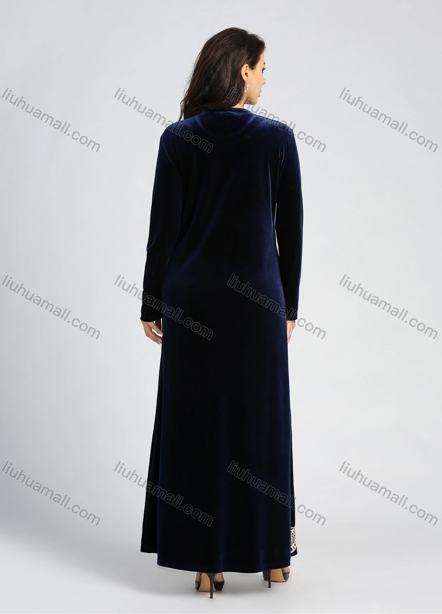 Wholesale Women's Elegant Velvet Sequin Embroidery Round Neck Long Sleeve Maxi Dress - Liuhuamall