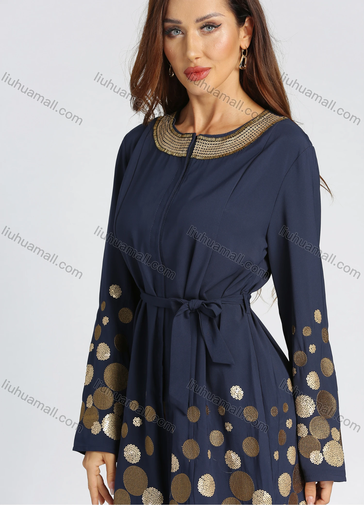 Wholesale Women's Casual Round Neck Sequin Long Sleeve Sequin Short Dress With Belt - Liuhuamall