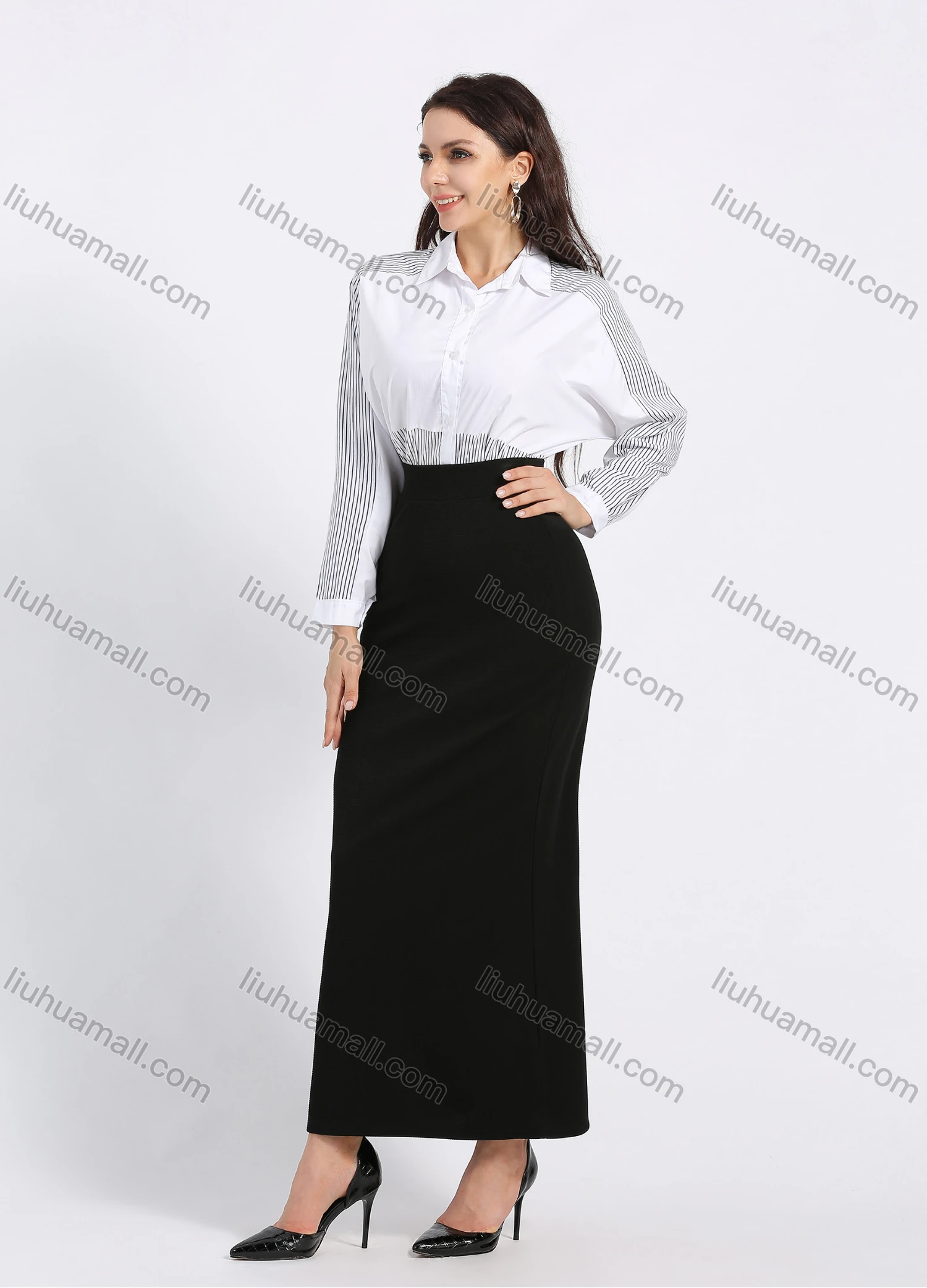 Wholesale Women's Elegant High Waist Plain A-Line Maxi Skirt - Liuhuamall