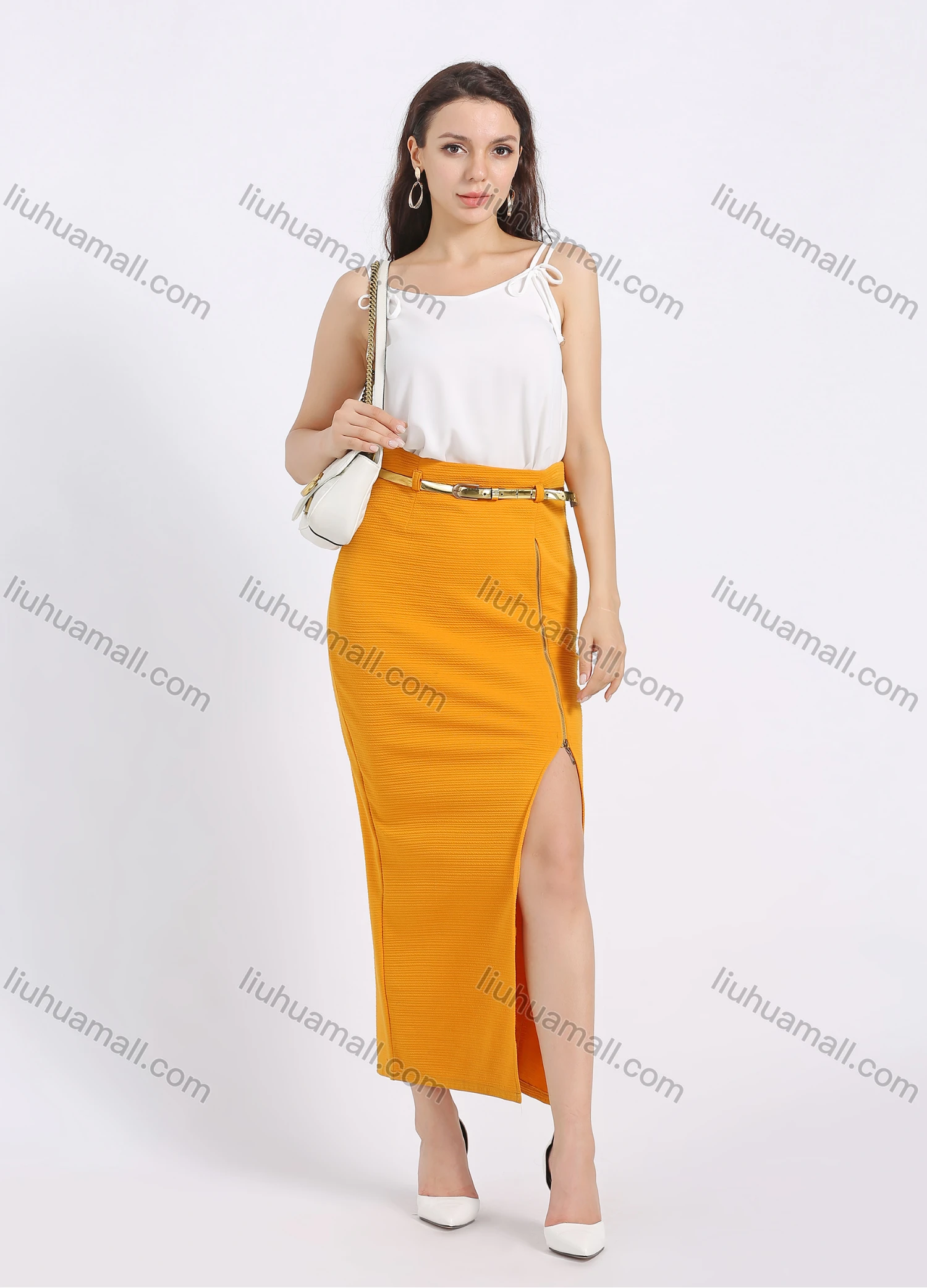 Wholesale Women's Elegant Plain Split Thigh High Waist Maxi Skirt With Belt - Liuhuamall