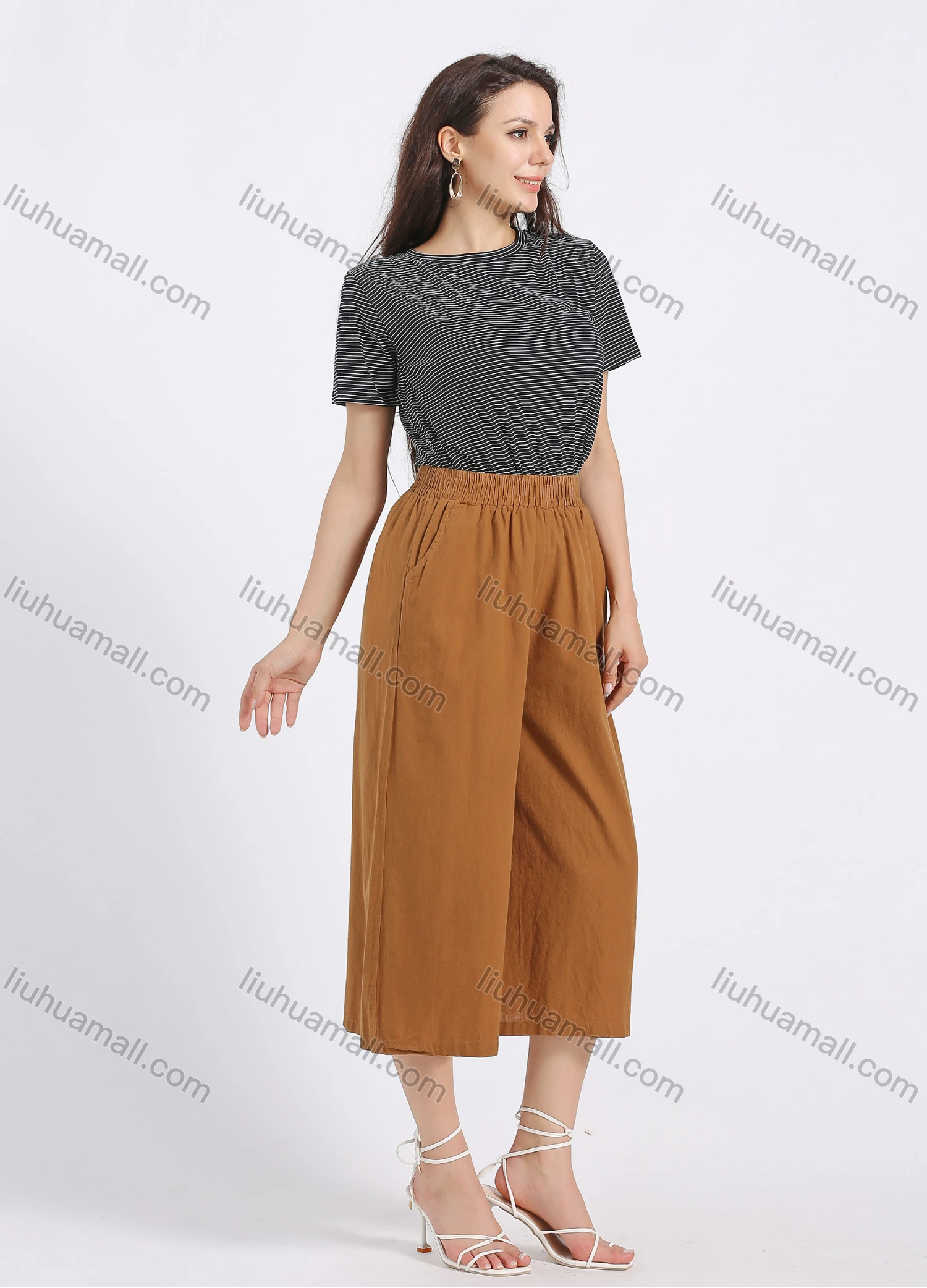 Wholesale Women's Cotton Plain High Waist Losse Fit Cropped Casual Wide Leg Pant - Liuhuamall