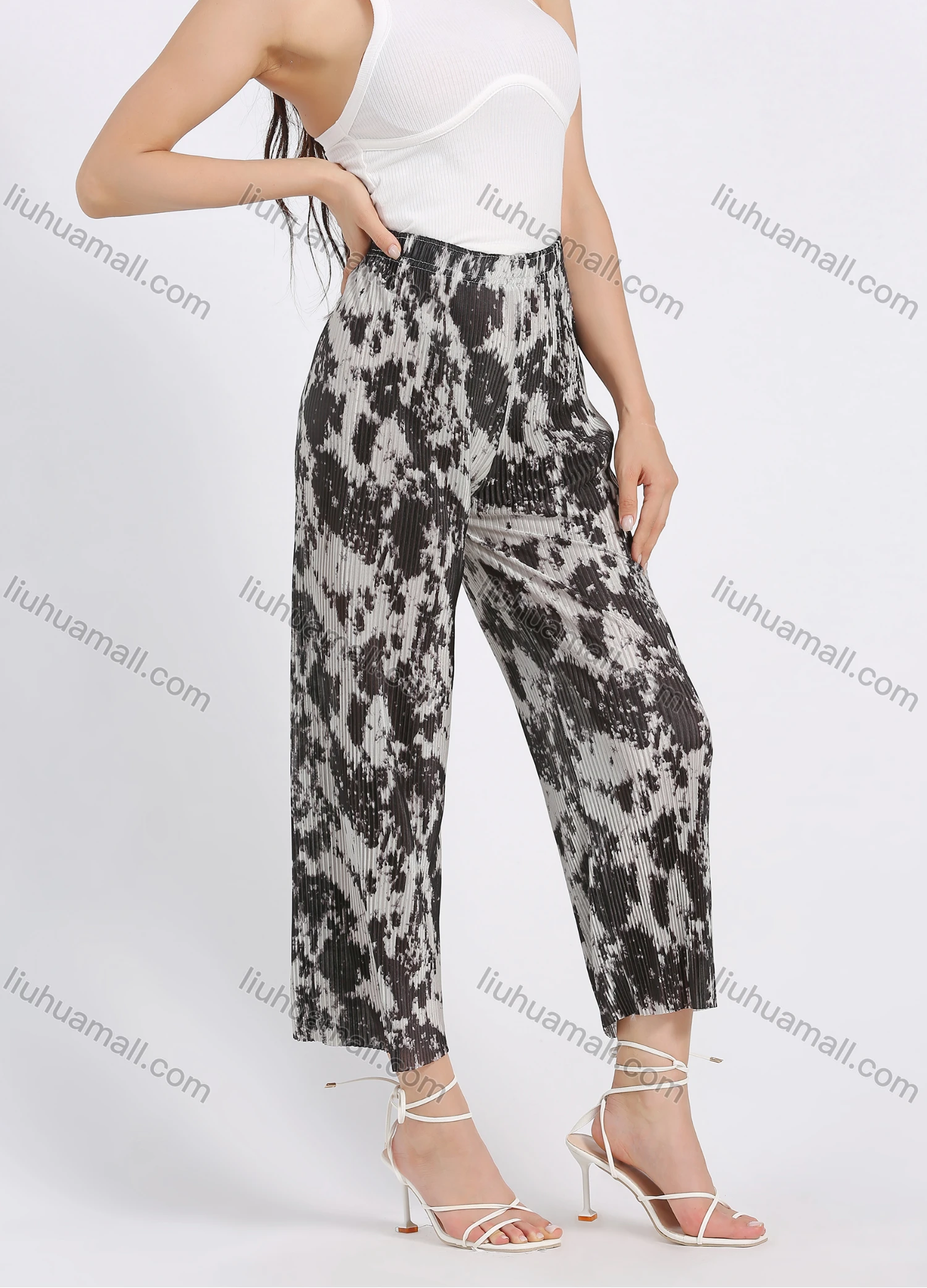 Wholesale Women's High Waist Tie Dye Loose Fit Pleated Wide Leg Pant - Liuhuamall